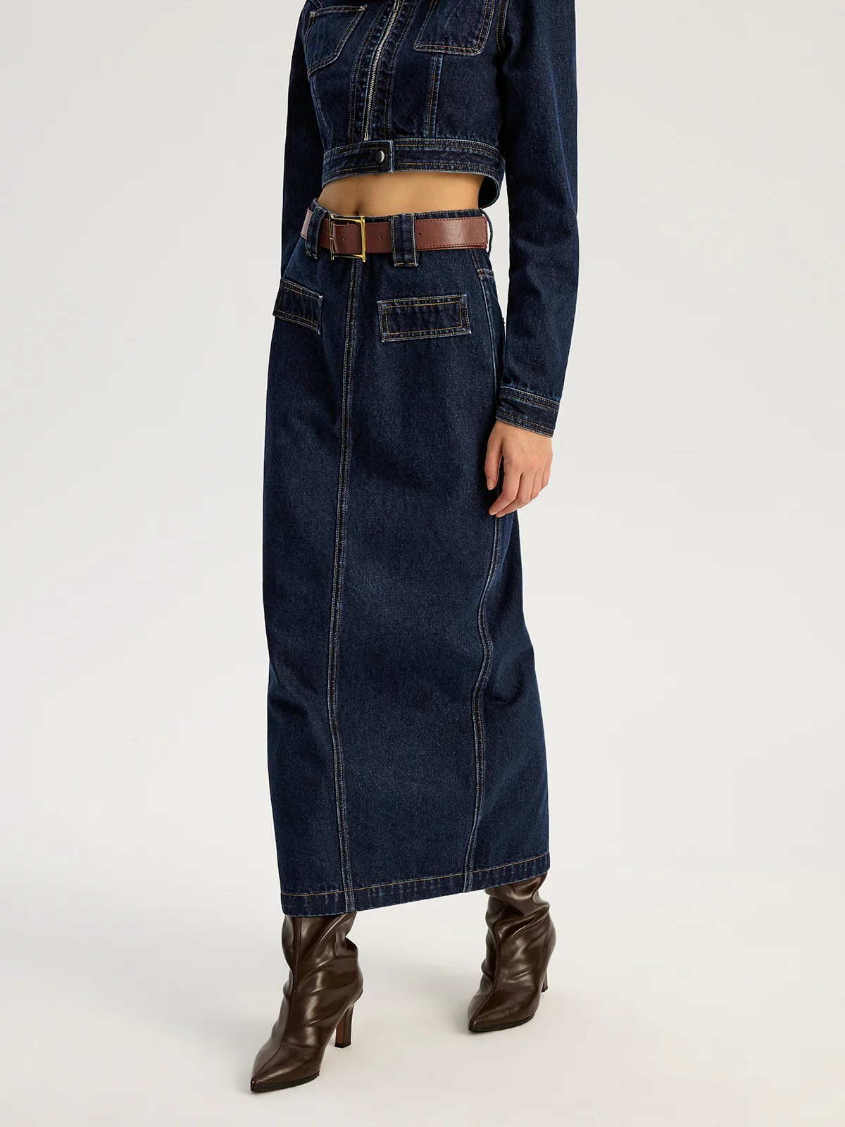 Belted Denim Maxi Skirt - Wholesalesil
