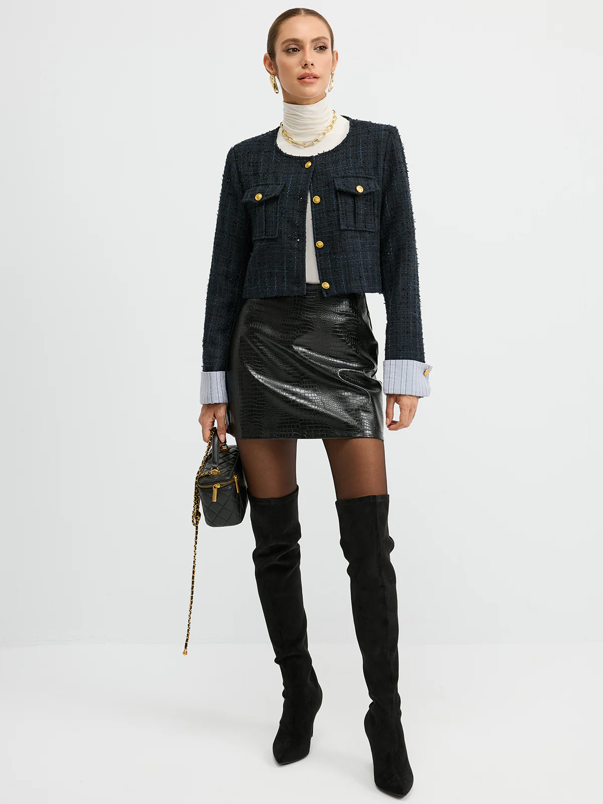 Tweed Cuffed-Sleeve Cropped Wool Blend Jacket - Wholesalesil