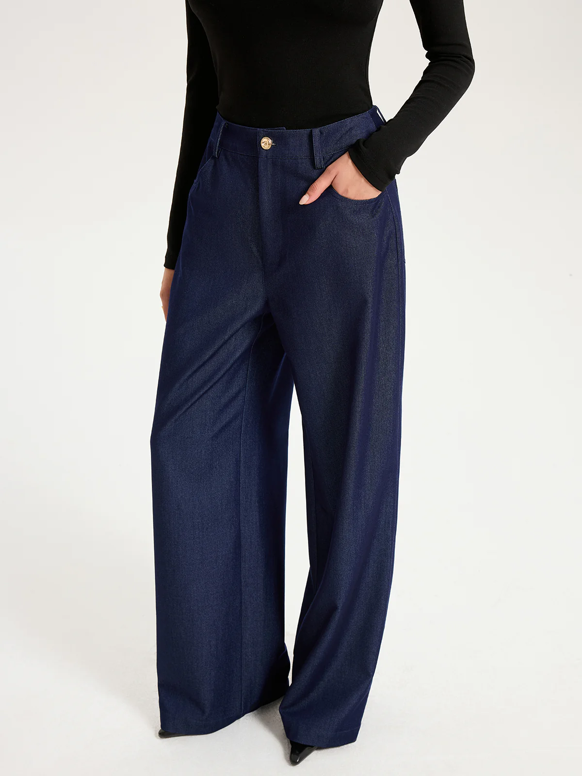 High-Waisted Wide-Leg Faux Denim Pants - Wholesalesil