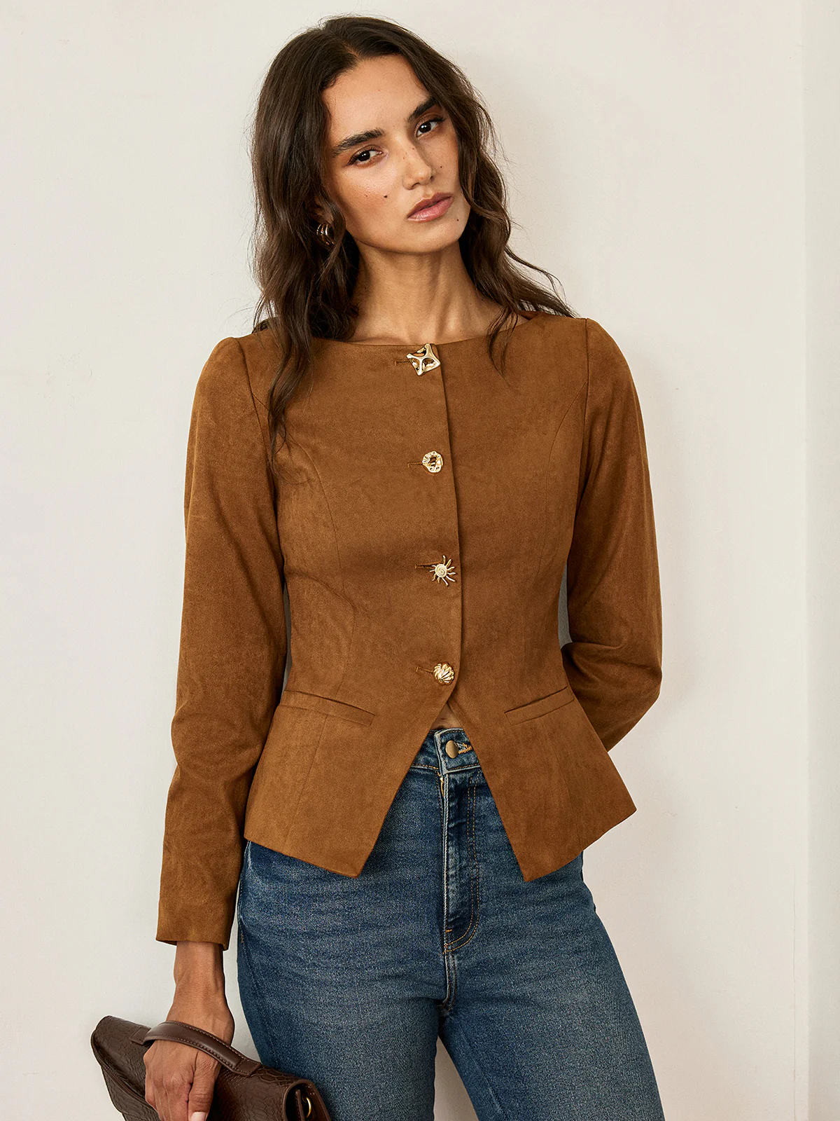 Suede Effect Fitted Metal Button Jacket - Wholesalesil