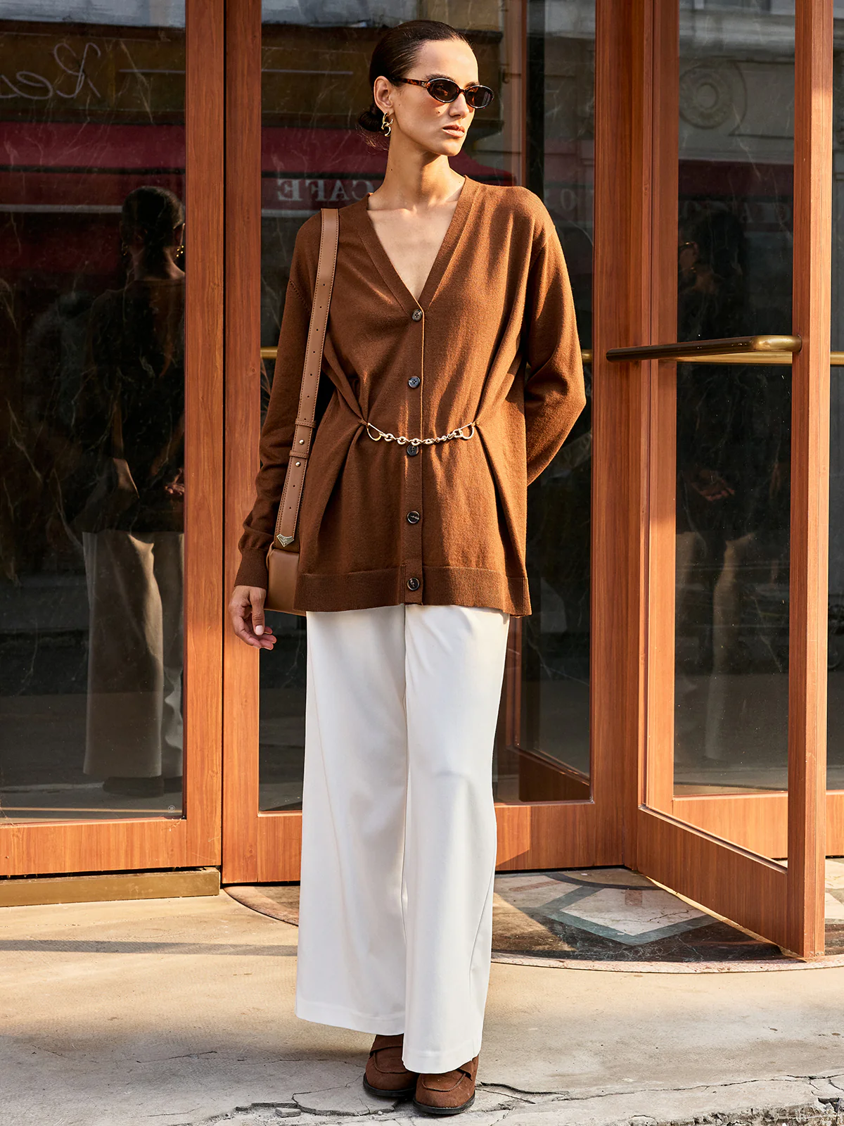 Metal Chain V-Neck Wool Blend Cardigan - Wholesalesil