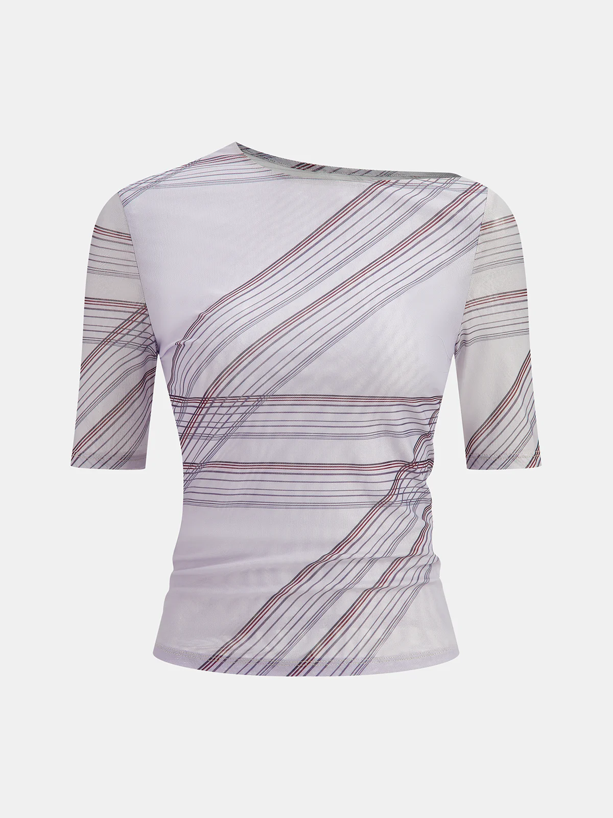 Asymmetric Neck Striped Mesh Top - Wholesalesil