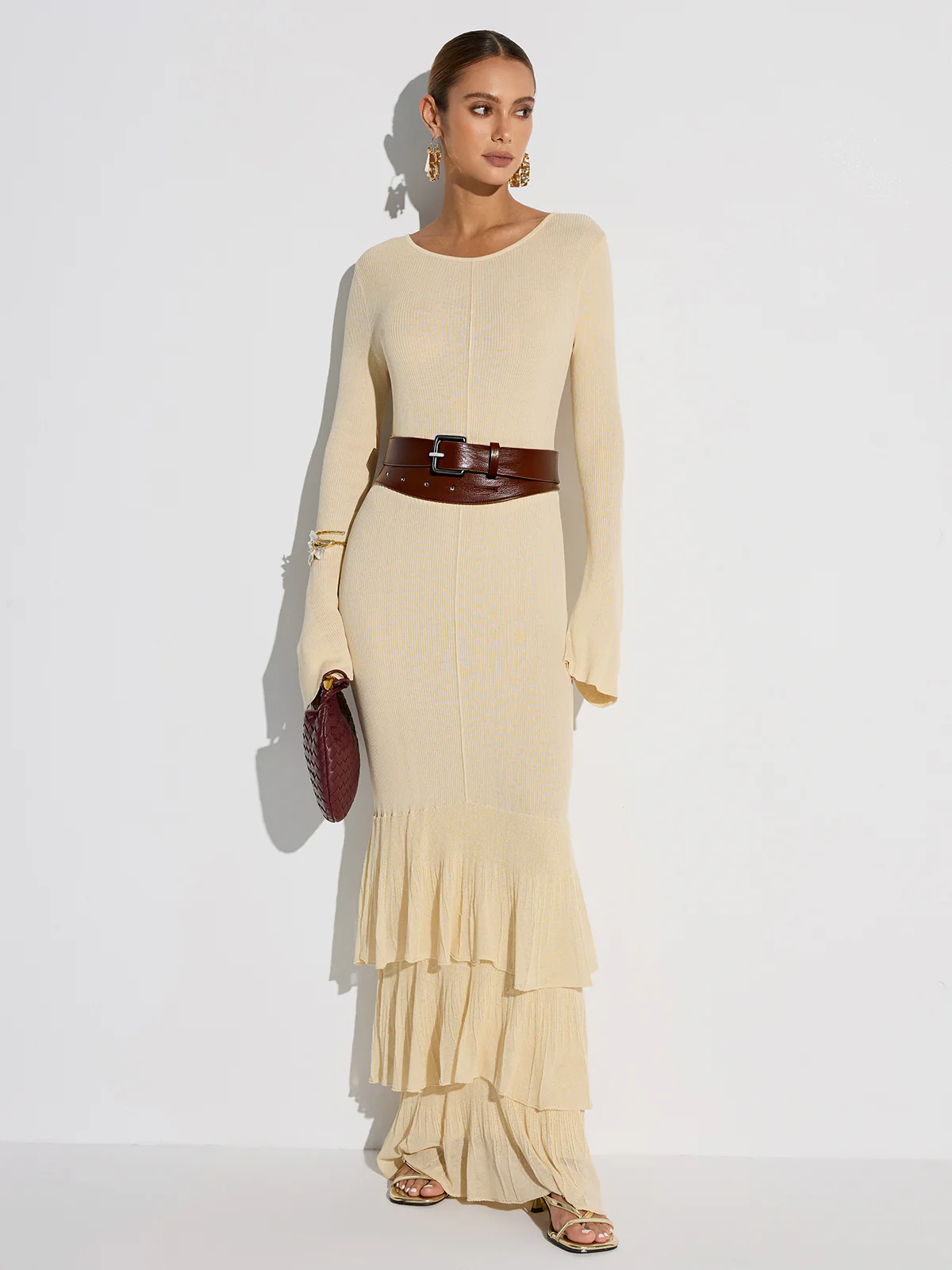 Layered Ruffled Hem Knit Maxi Dress - Wholesalesil