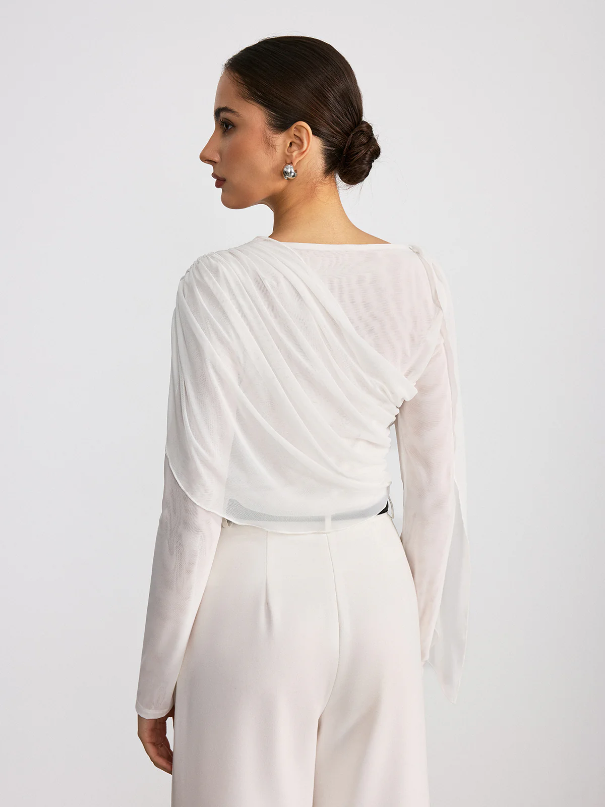 Draped Mesh Long Sleeve Blouse - Wholesalesil