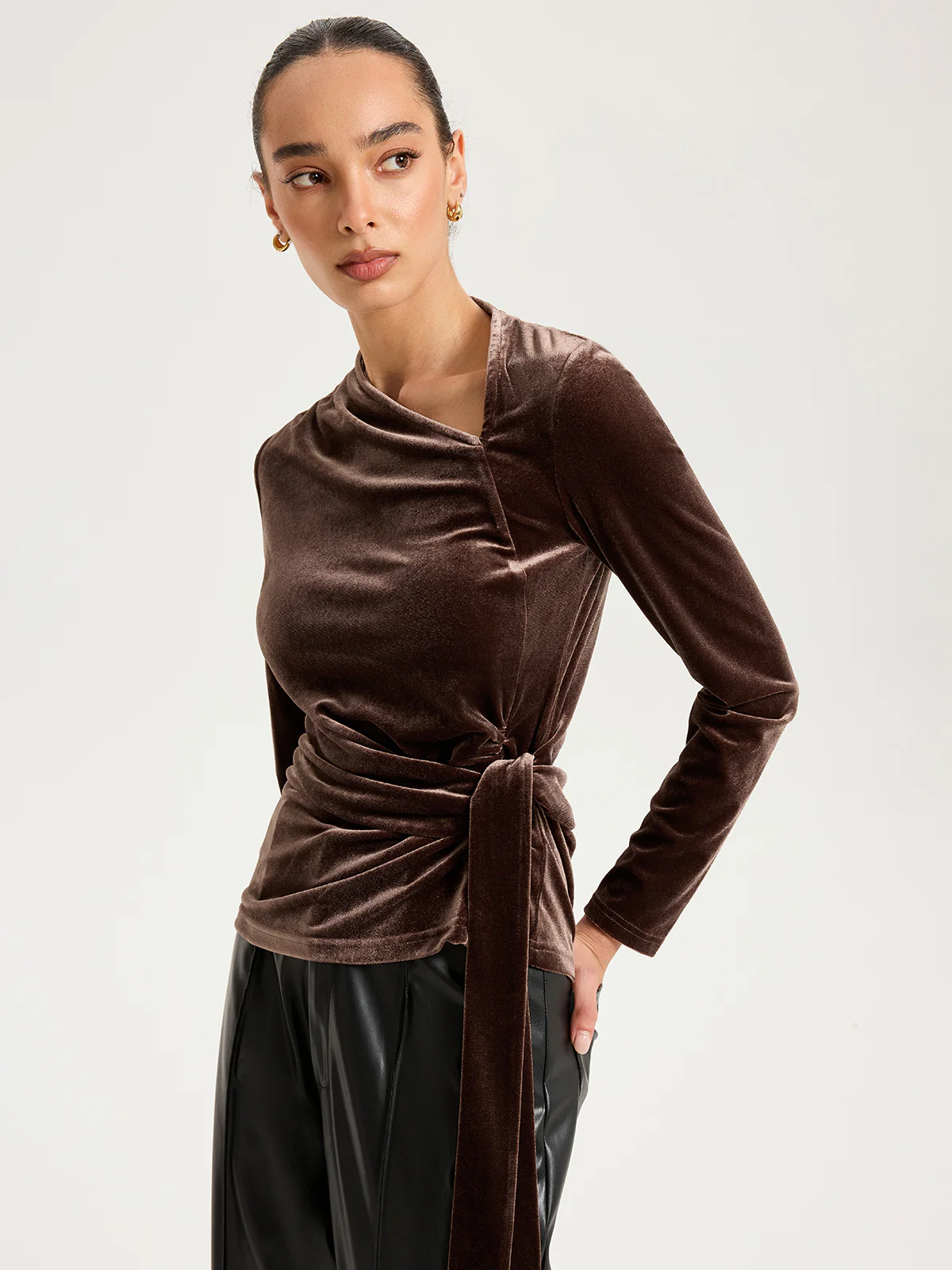 Long Sleeve Knot-Tie Velvet Asymmetric Top - Wholesalesil