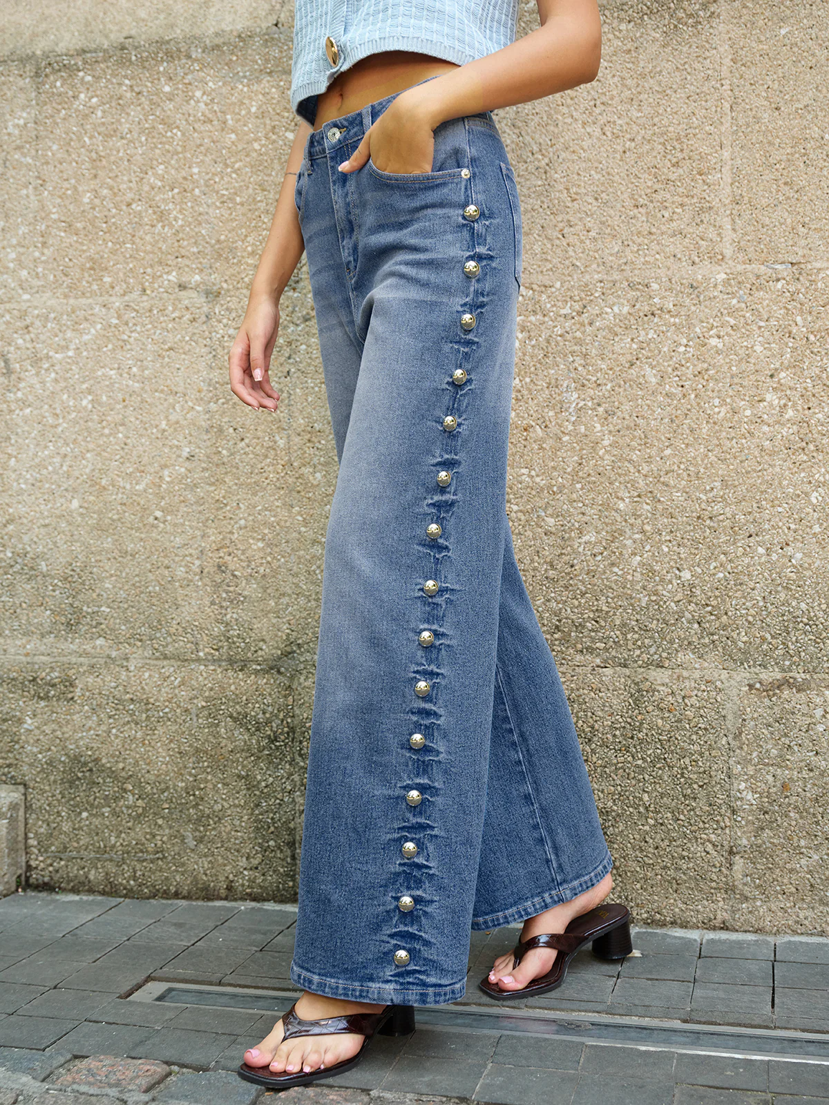 Buttoned Side Detail Pocketed Jeans - Wholesalesil