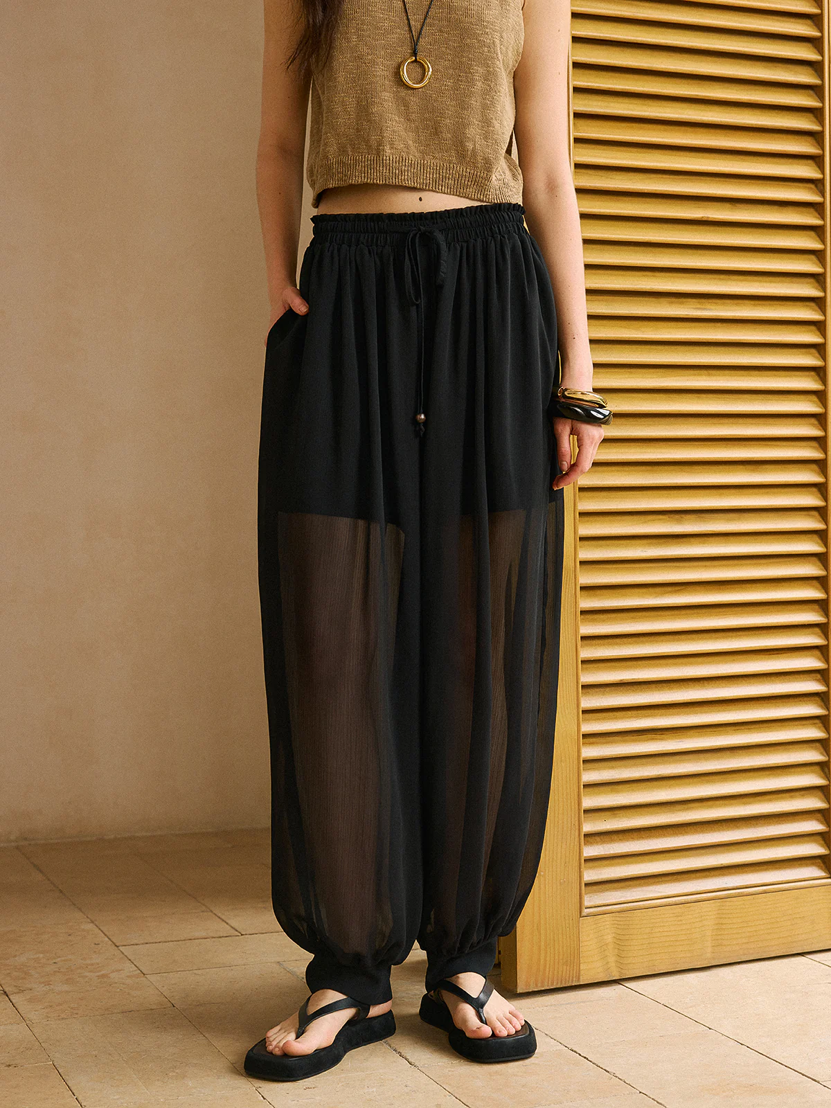 Sheer Chiffon Pants with Elastic Waist and Ankle Cuffs - Wholesalesil