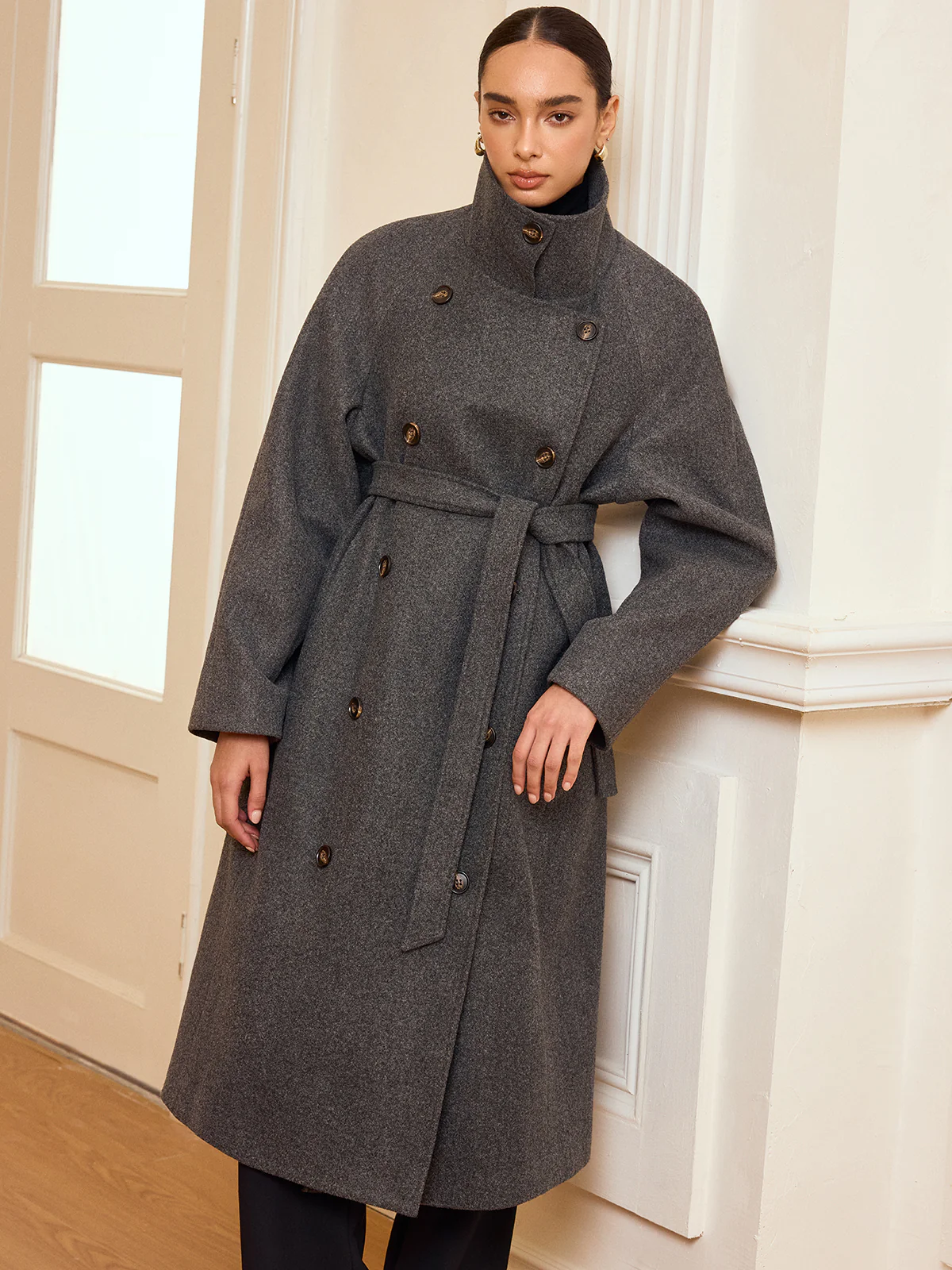 Belted Double-Breasted Tweed Long Coat - Wholesalesil