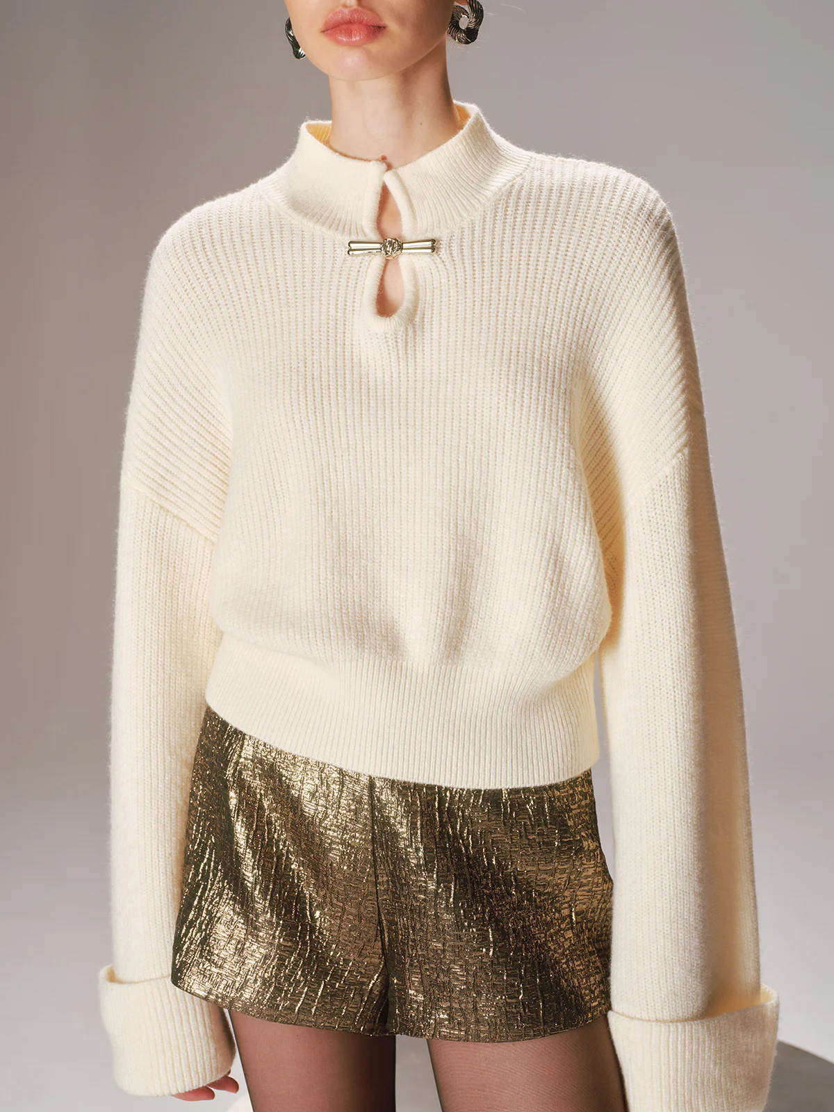 Metal Knot Detail Cuffed Sleeve Sweater - Wholesalesil