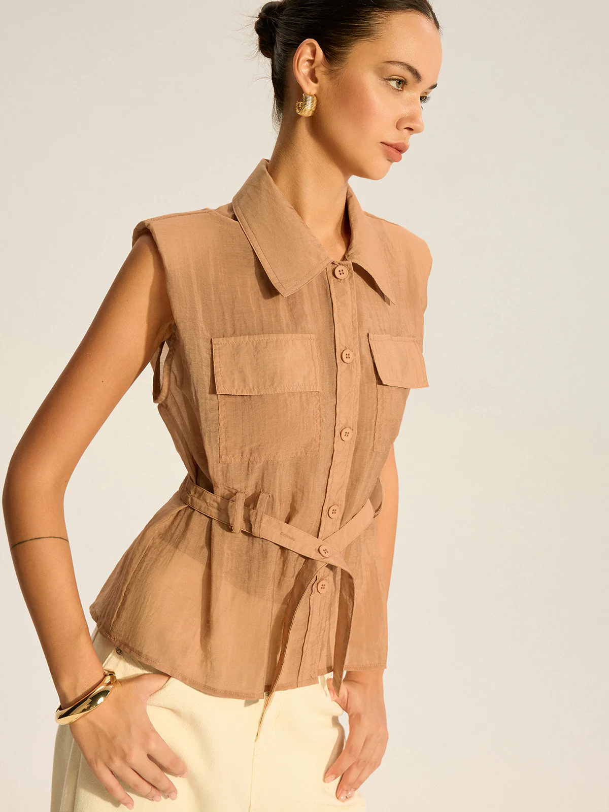 Belted Sleeveless Blouse - Wholesalesil
