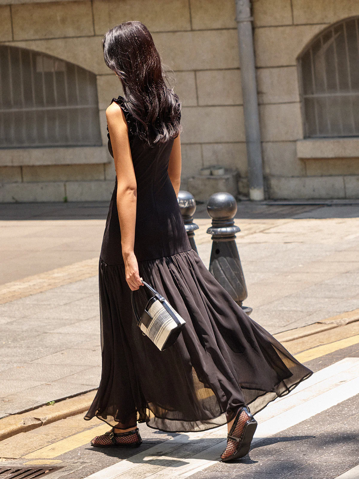 Ruffled Detail Ruched-Front Maxi Dress - Wholesalesil