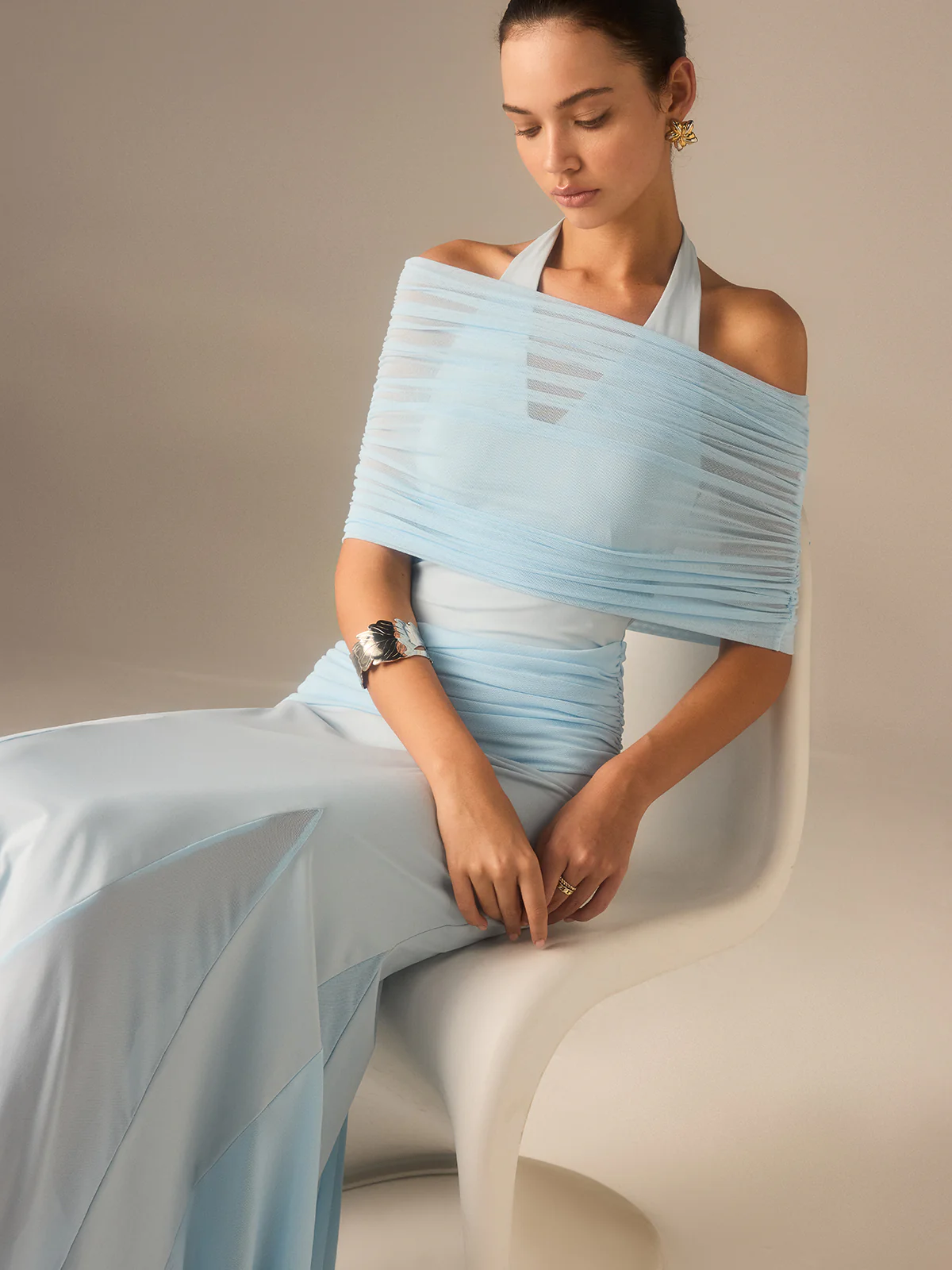 Semi-Sheer Elastic Mesh Ruched Maxi Dress - Wholesalesil