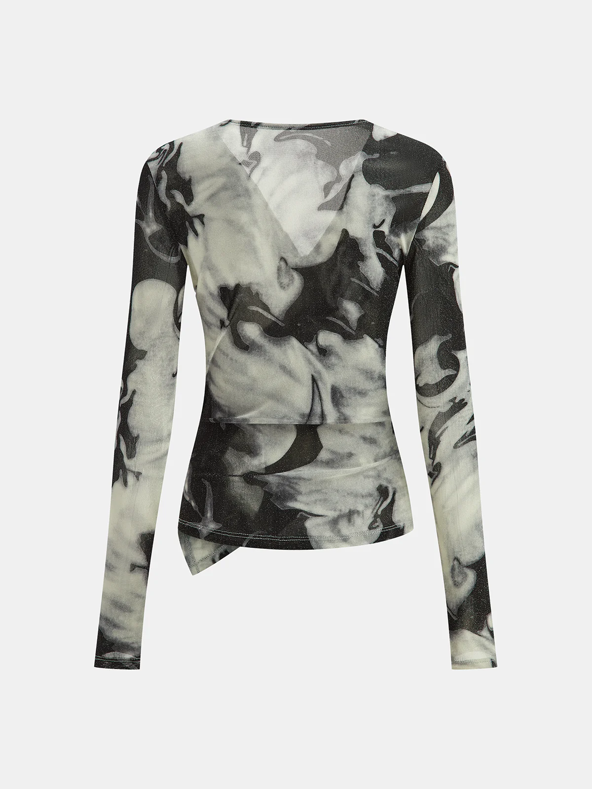 Semi-Sheer Long Sleeve Mesh Marble Print Wrap Blouse - Wholesalesil