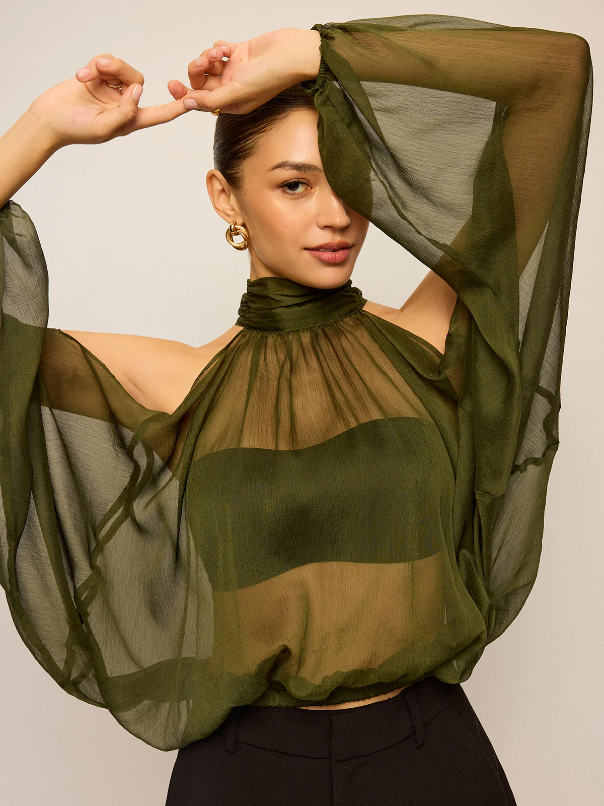 Sheer Halter Neck Cut-Out Sleeve Top with Bow Back - Wholesalesil