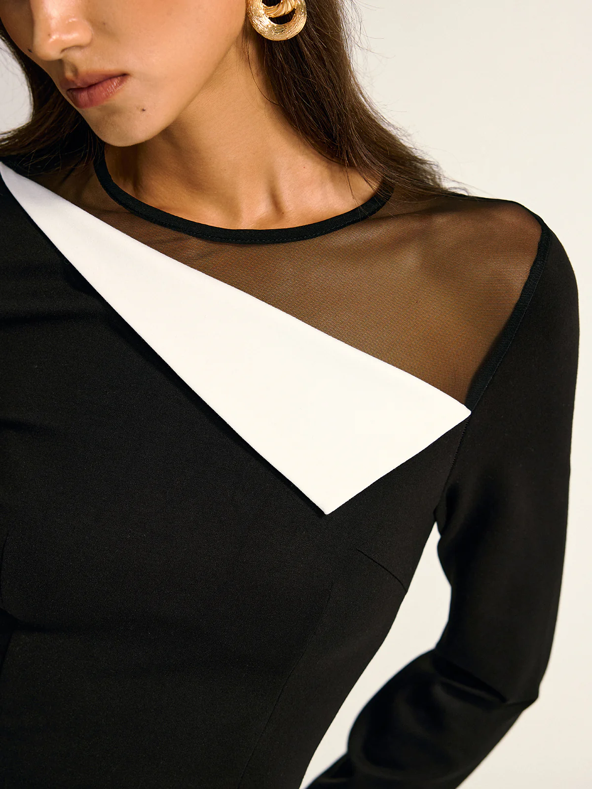 Mesh Neck Contrast Panel Asymmetrical Blouse - Wholesalesil