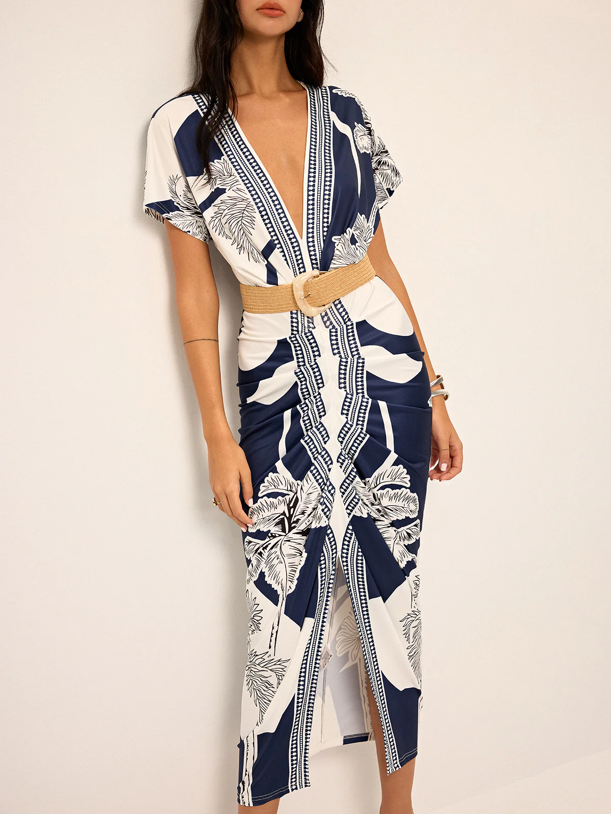 Printed Deep V-Neck Midi Dress Without Belt - Wholesalesil