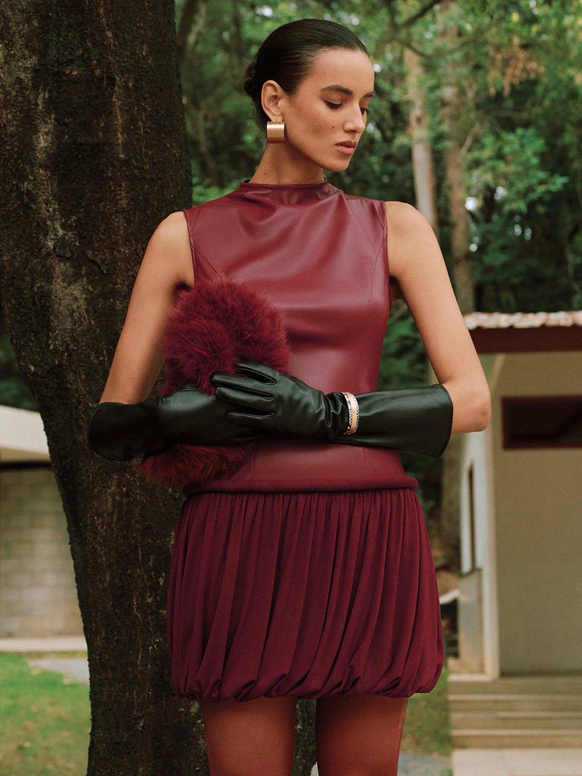 Faux Leather Mock Neck Bubble Mini Dress - Wholesalesil