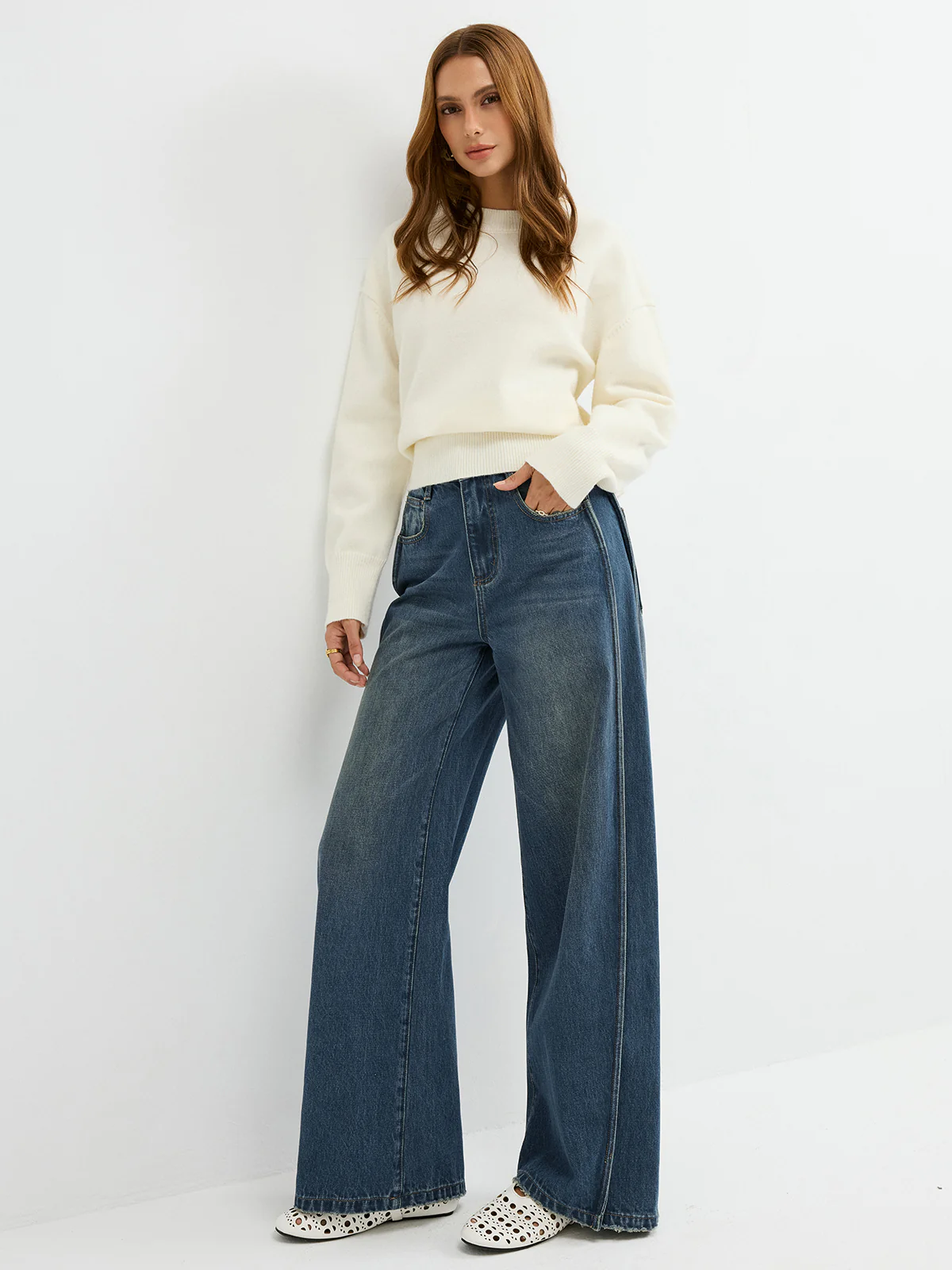 Side Panel Detail Mid-Waist Jeans - Wholesalesil