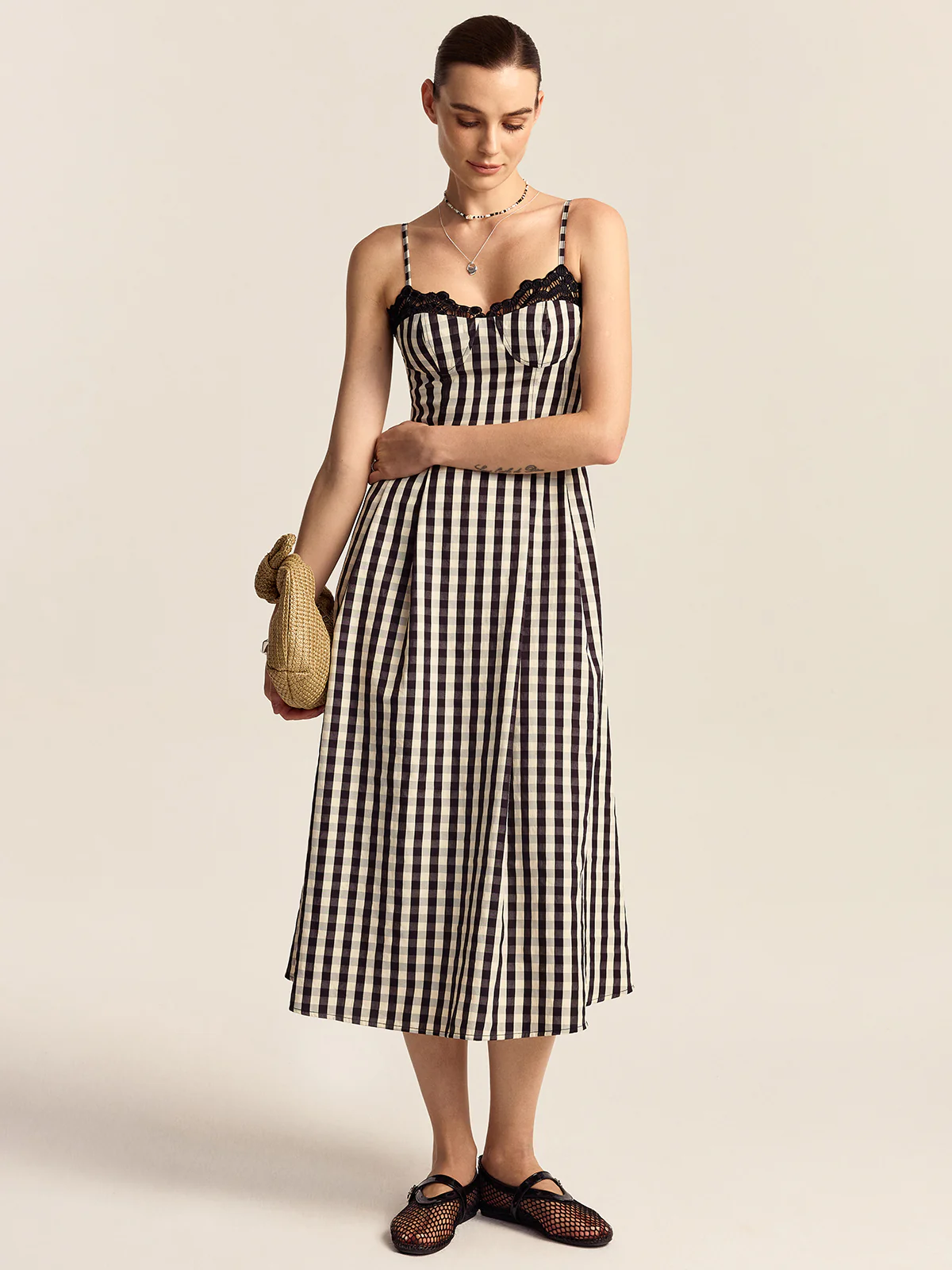Gingham Spaghetti Strap Midi Dress with Lace Trim - Wholesalesil