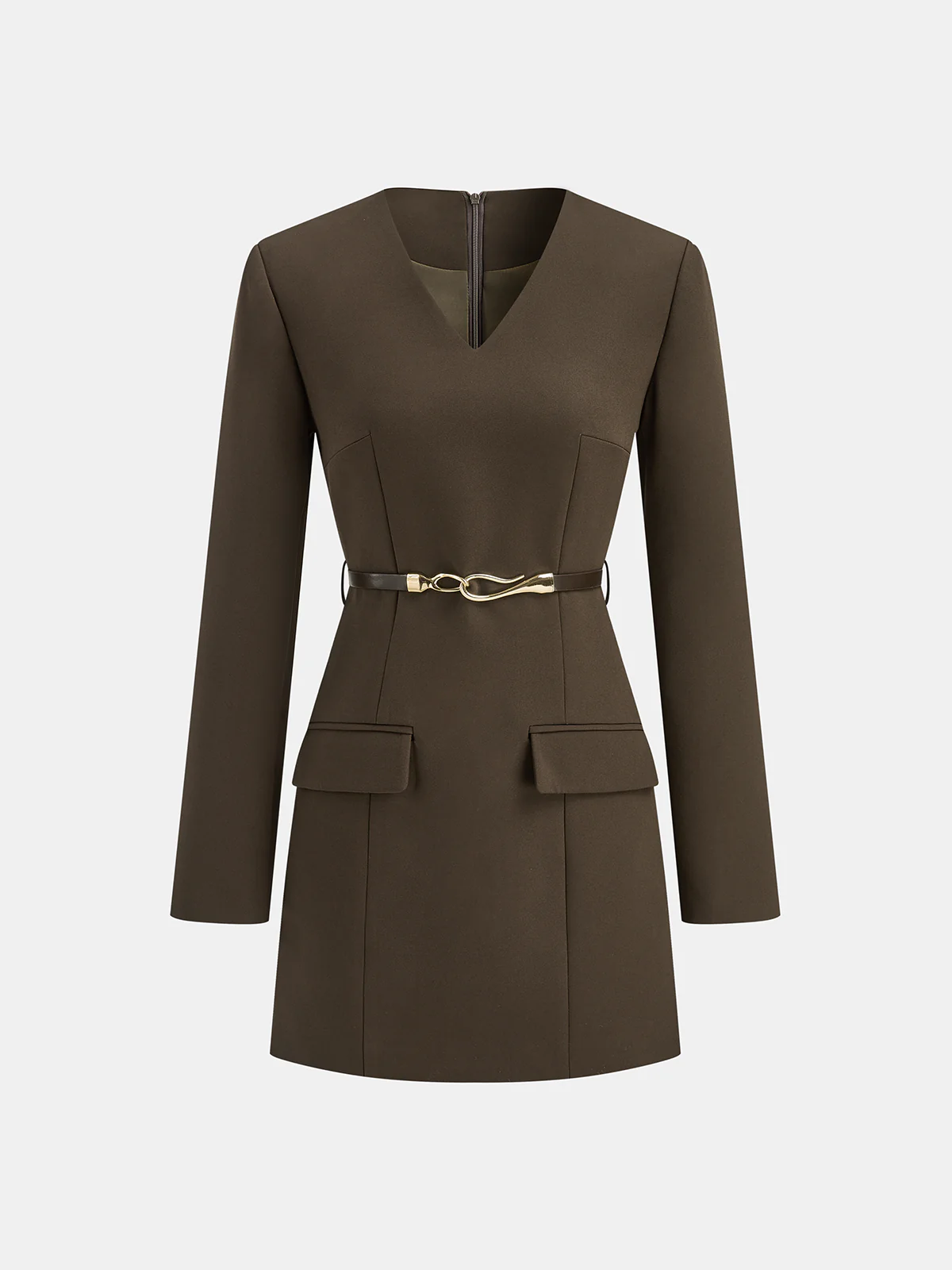 Belted V-Neck Tailored Dress - Wholesalesil