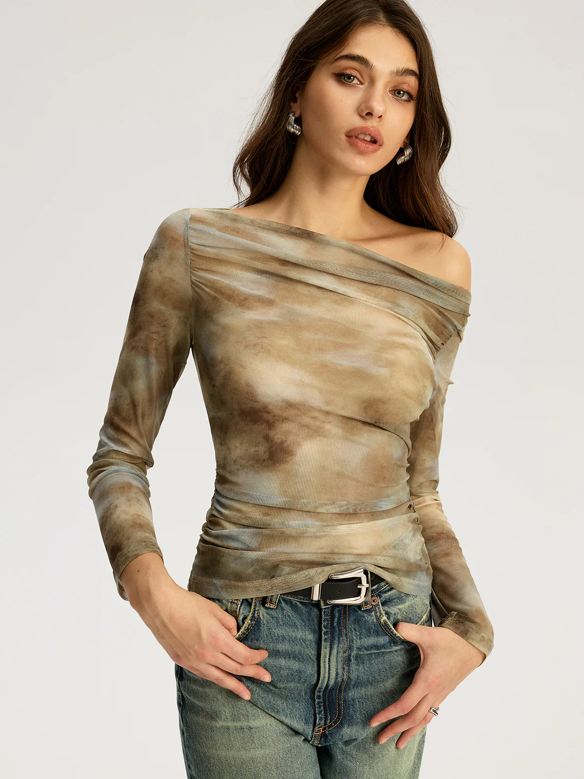 Tie Dye Print Off-shoulder Long Sleeve Top - Wholesalesil
