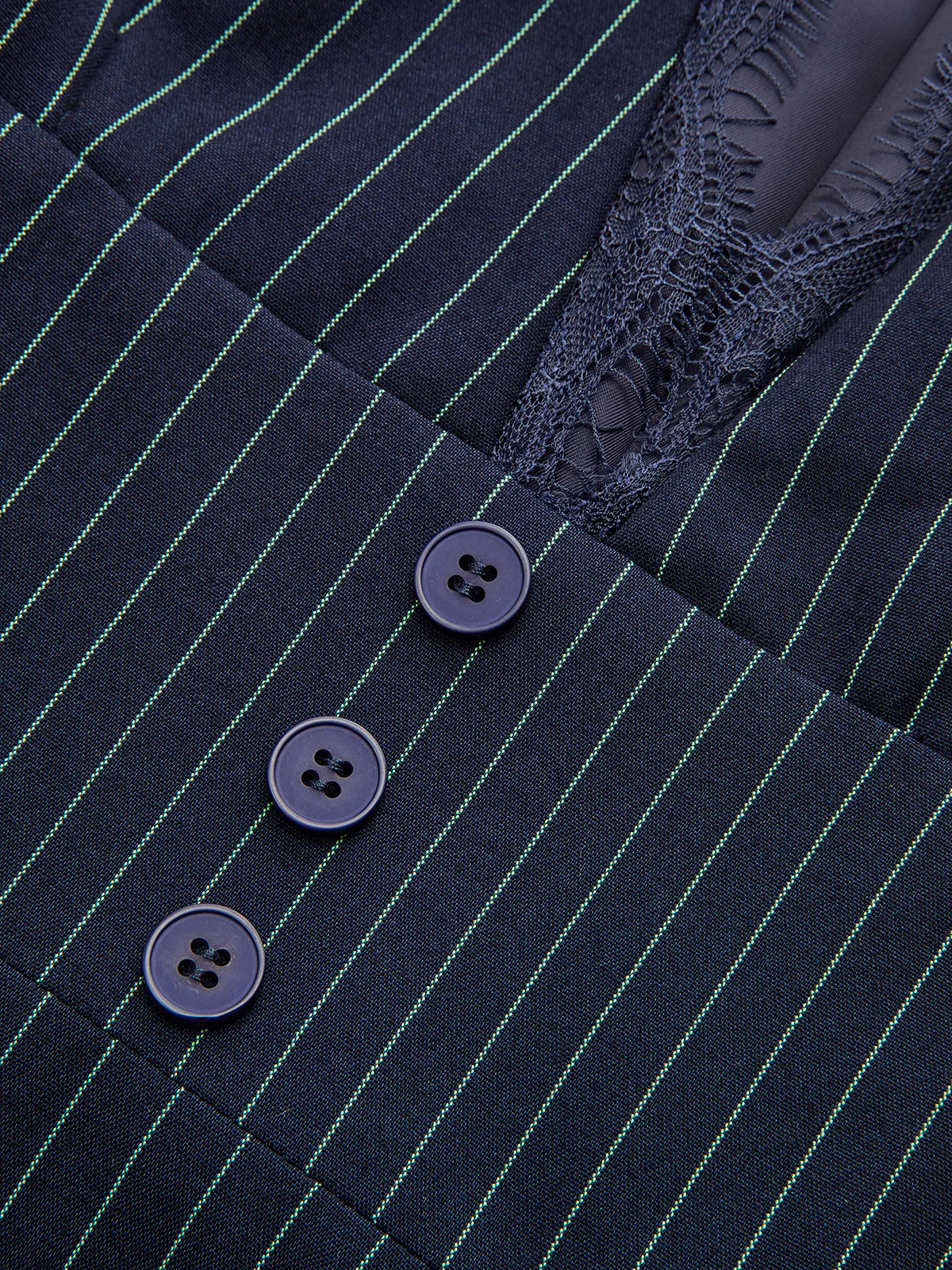 Lace Trim Pinstripe Flared Dress with Tie Neck - Wholesalesil