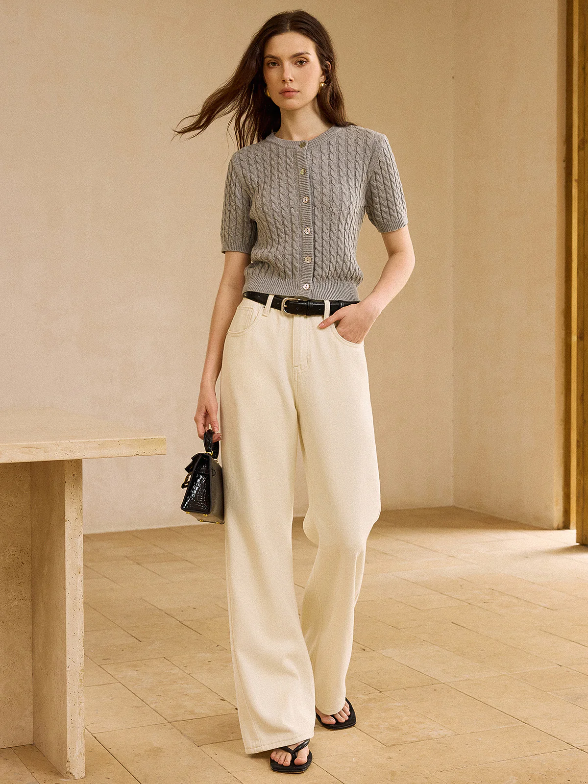 Cable Knit Short-Sleeve Cardigan - Wholesalesil