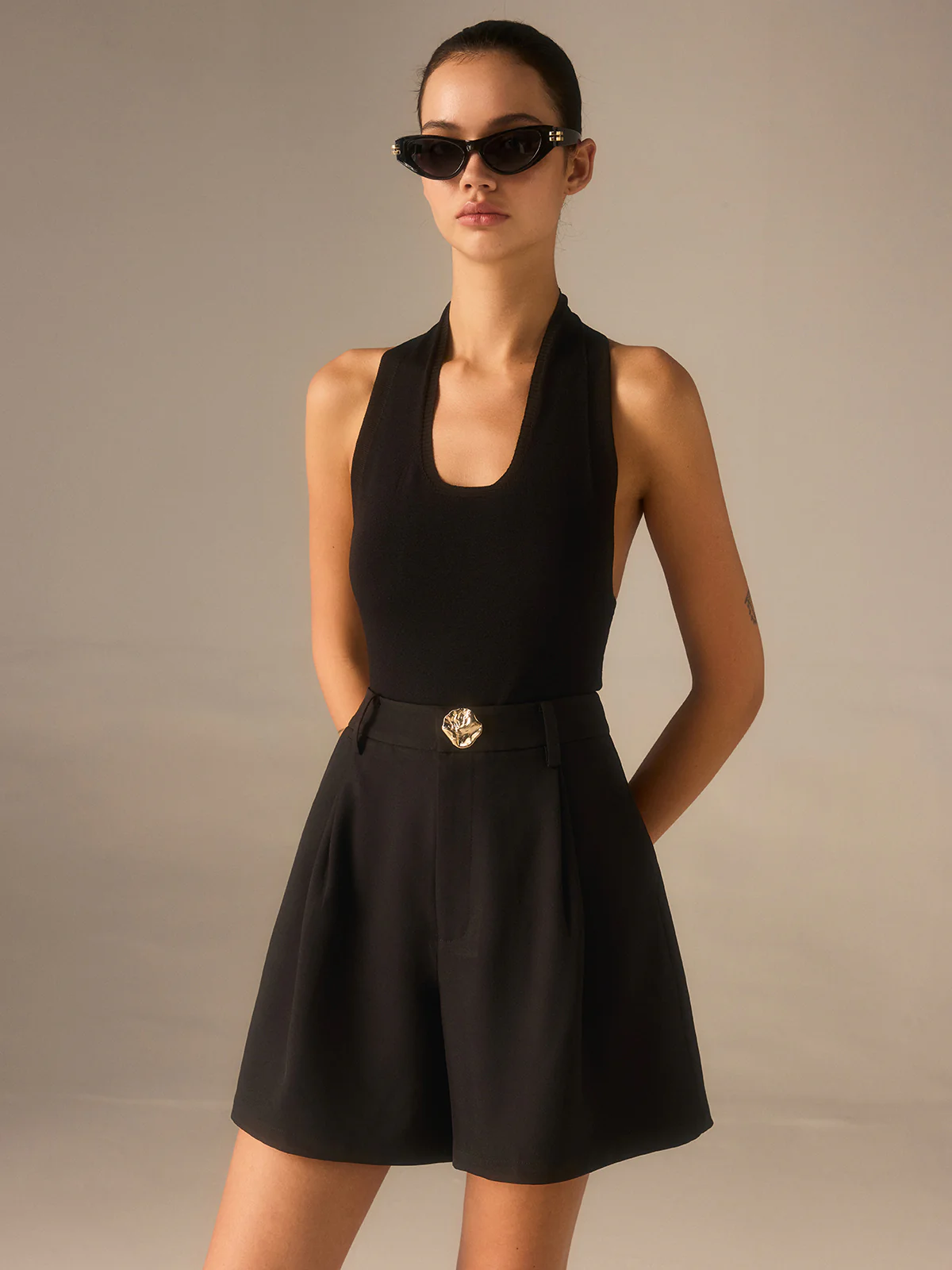 Metal Detail High-Waisted Shorts - Wholesalesil