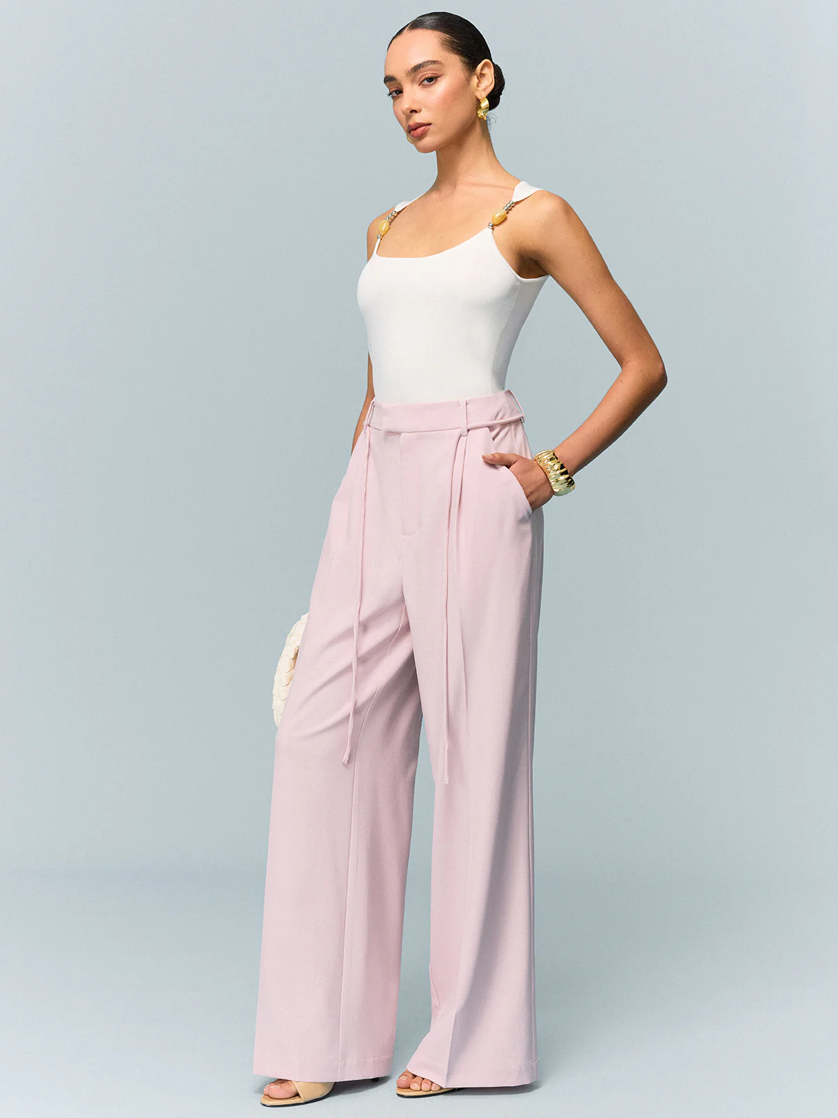 Mid-Waisted Wide-Leg Pants with Tie Detail - Wholesalesil