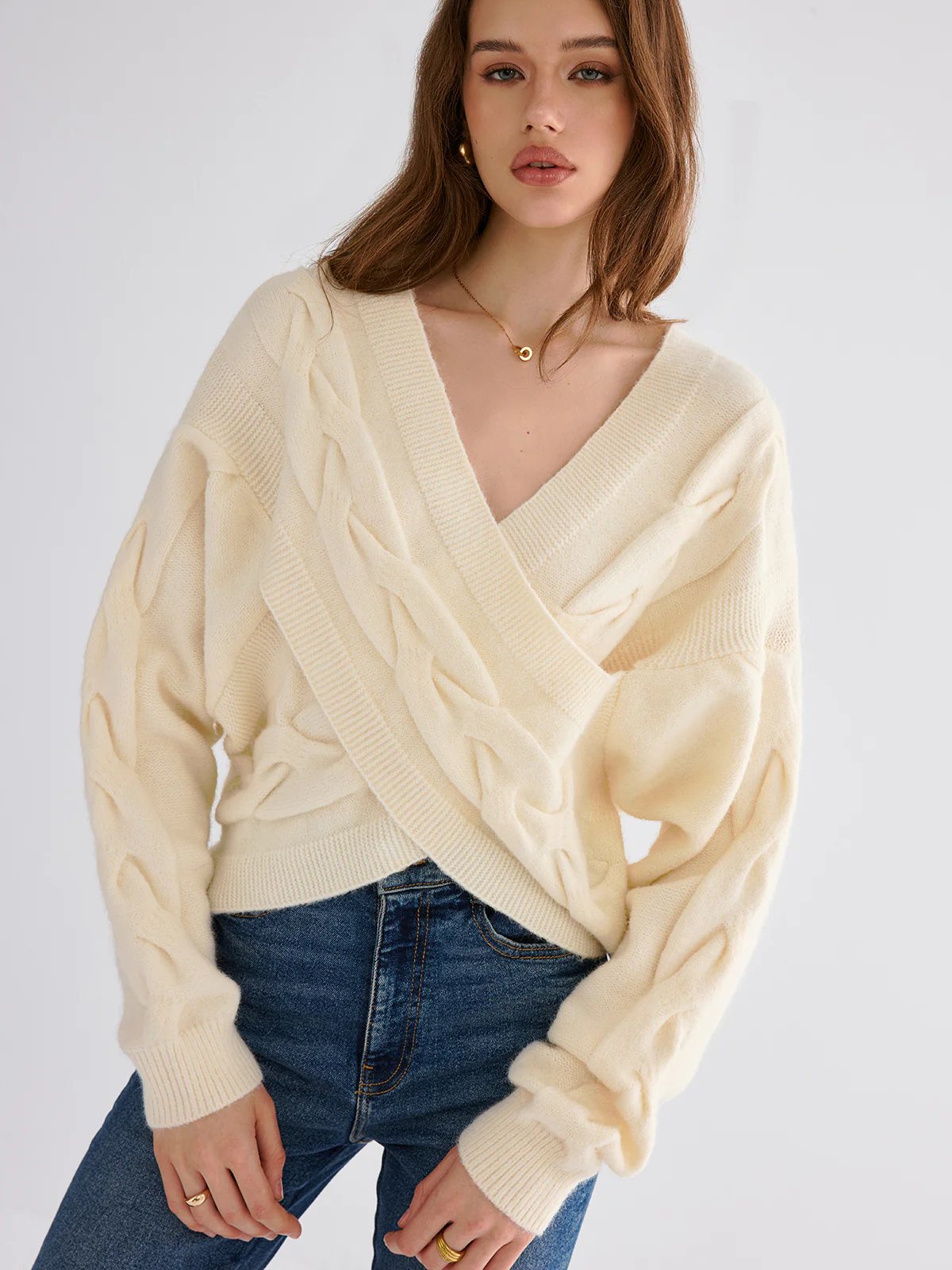 Cable Knit Cross-Front V-Neck Sweater - Wholesalesil