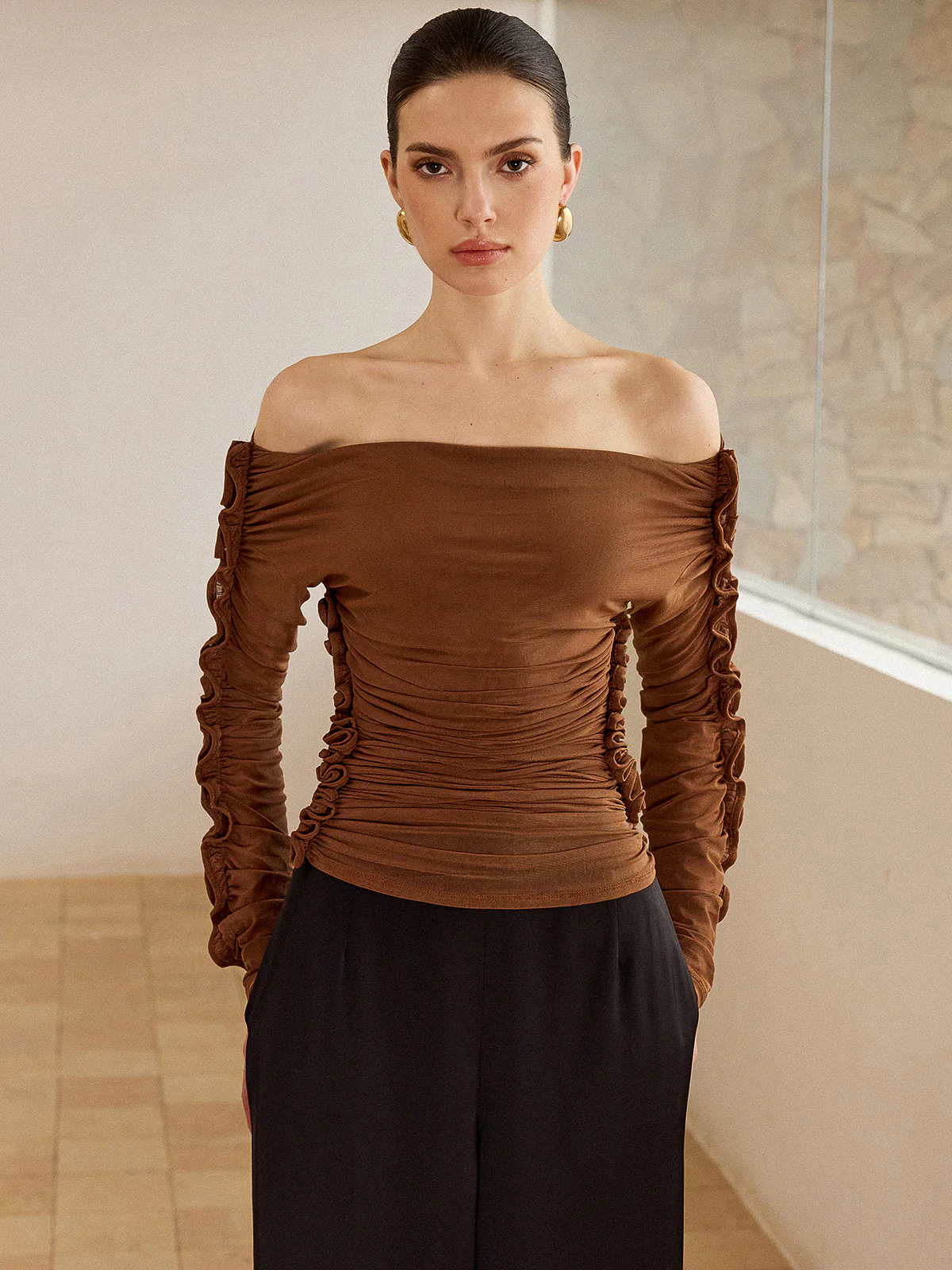 Off-Shoulder Ruched Top with Ruffled Sleeves - Wholesalesil