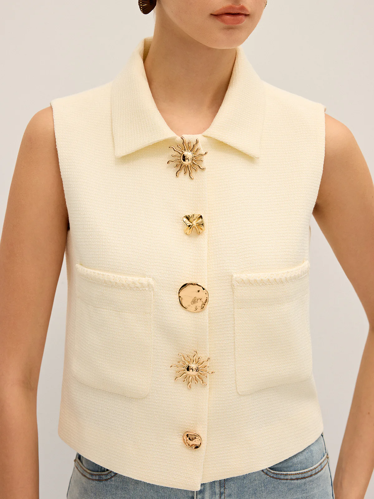 Irregular Metal Button Sleeveless Vest - Wholesalesil