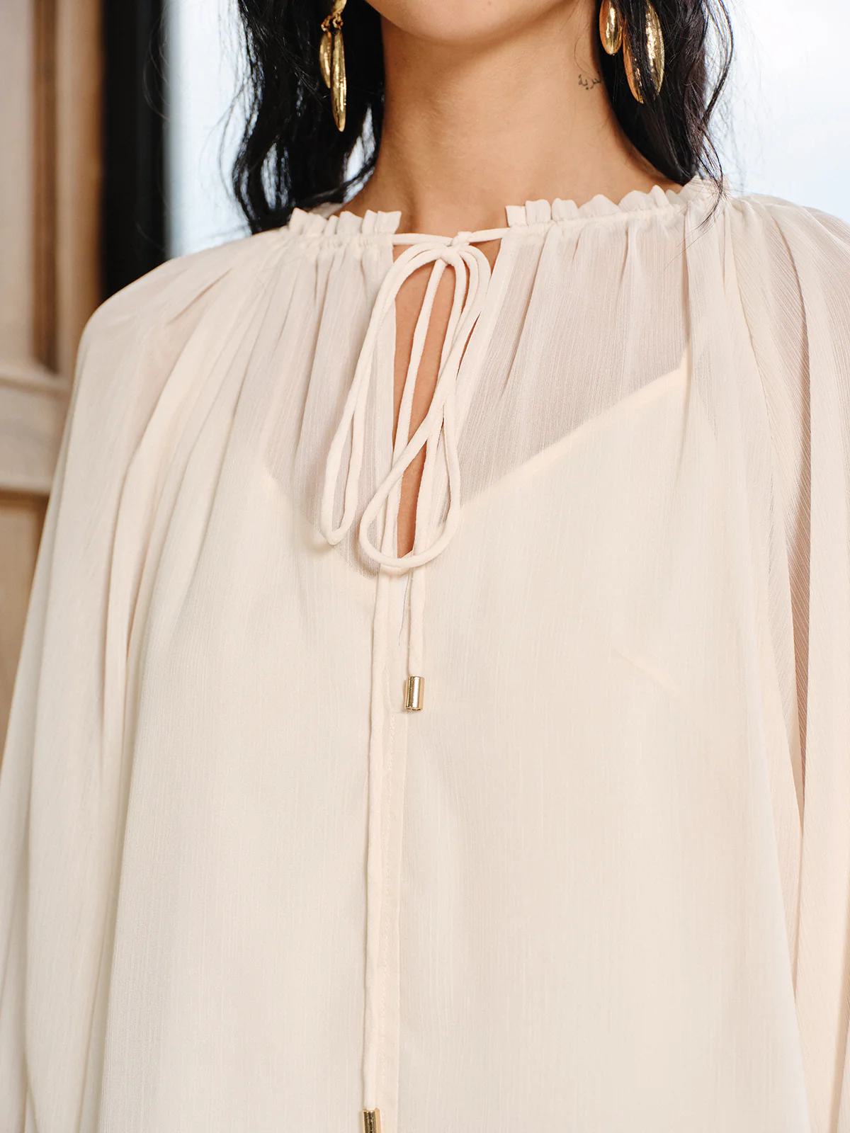 Bell Sleeve Sheer Chiffon Blouse Set with Liner - Wholesalesil