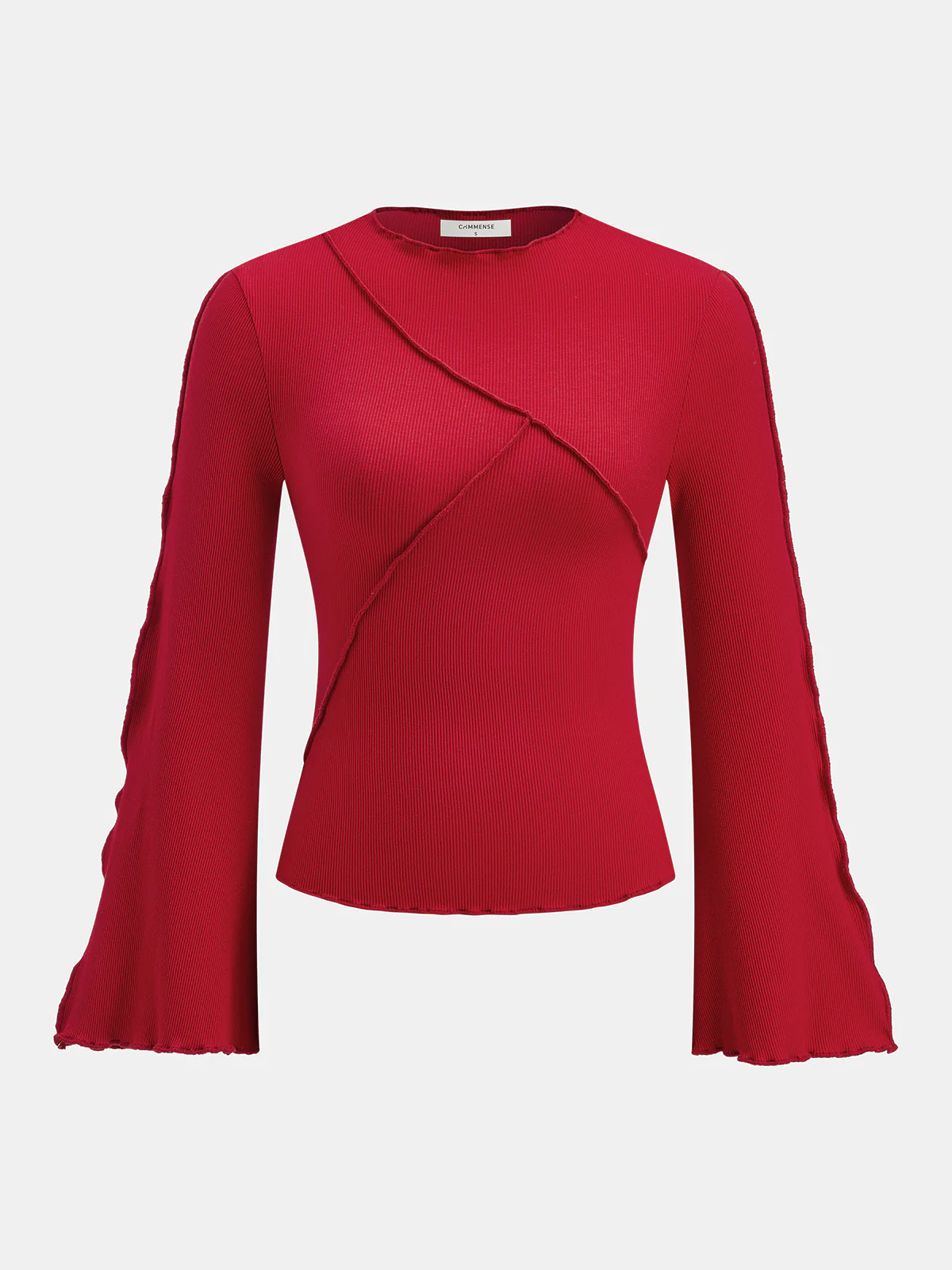 Asymmetric Seam Flared Sleeve Ribbed Knit Top - Wholesalesil