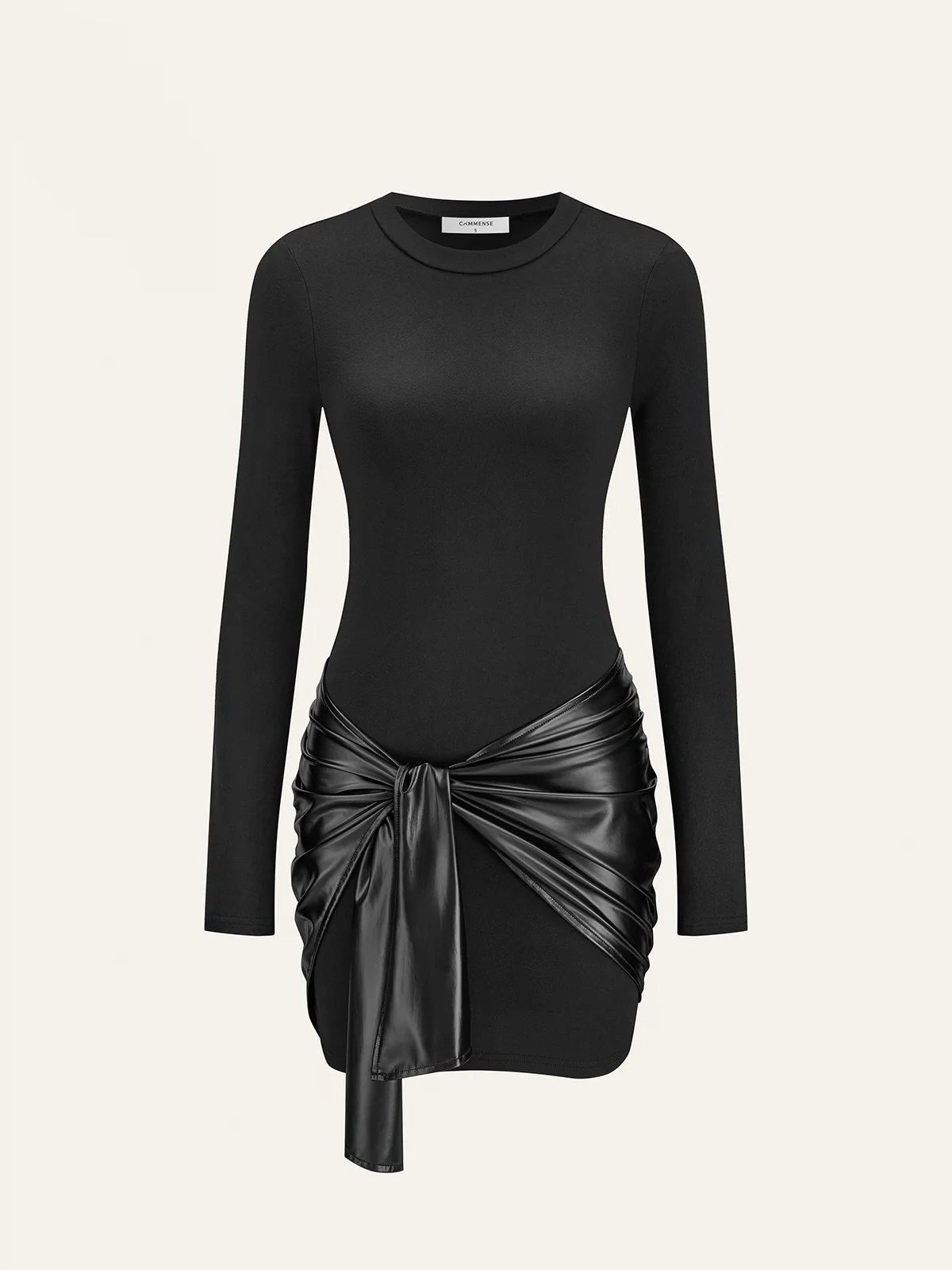 Faux Leather Paneled Knit Long Sleeve Mini Dress - Wholesalesil