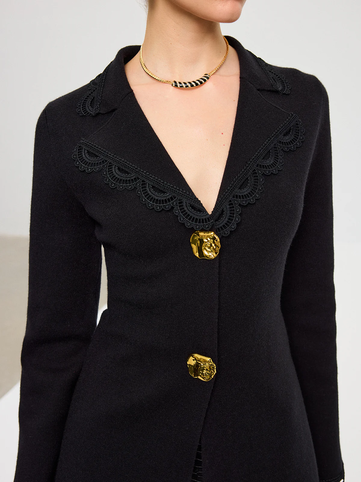 Wool Blend Lace Trim Metal Button Cardigan - Wholesalesil