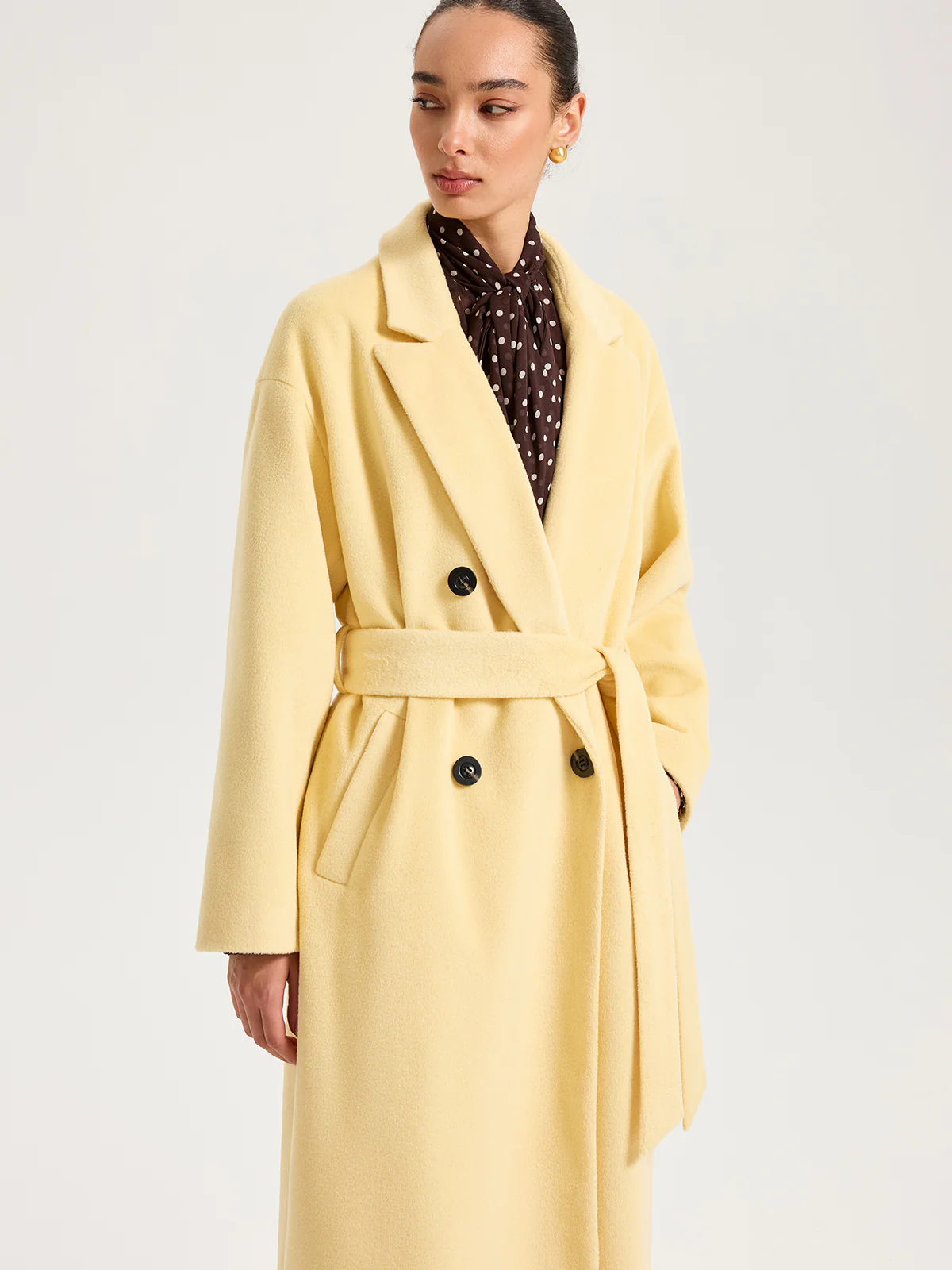 Belted Double-Breasted Lapel Long Coat - Wholesalesil