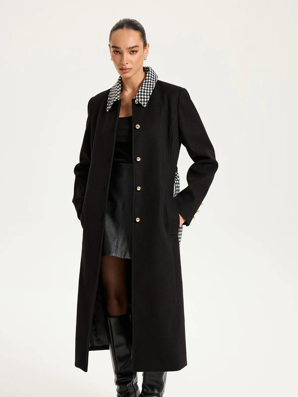 Belted Houndstooth Collar Long Coat - Wholesalesil