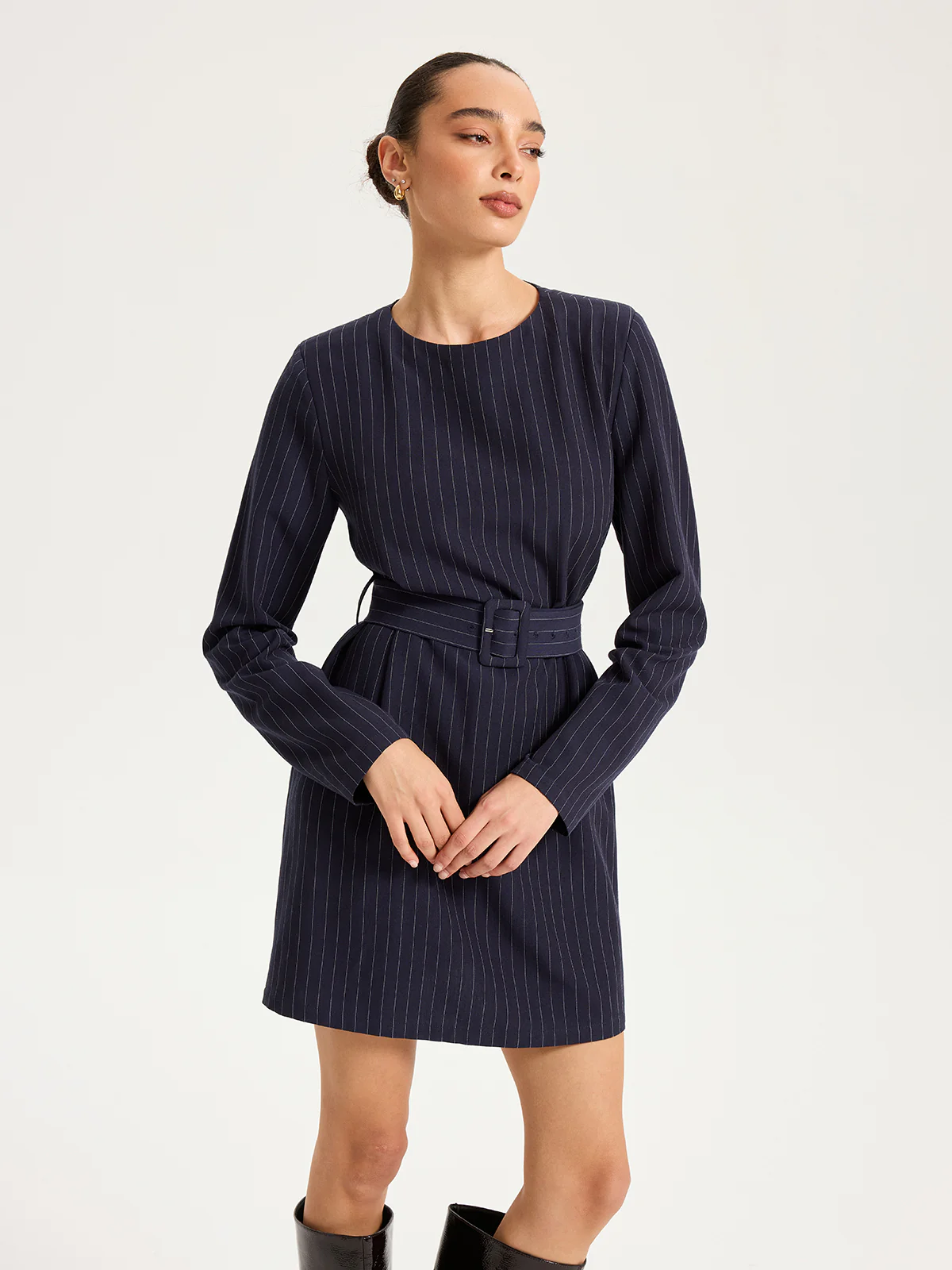 Long Sleeve Pinstripe Belted Mini Dress - Wholesalesil