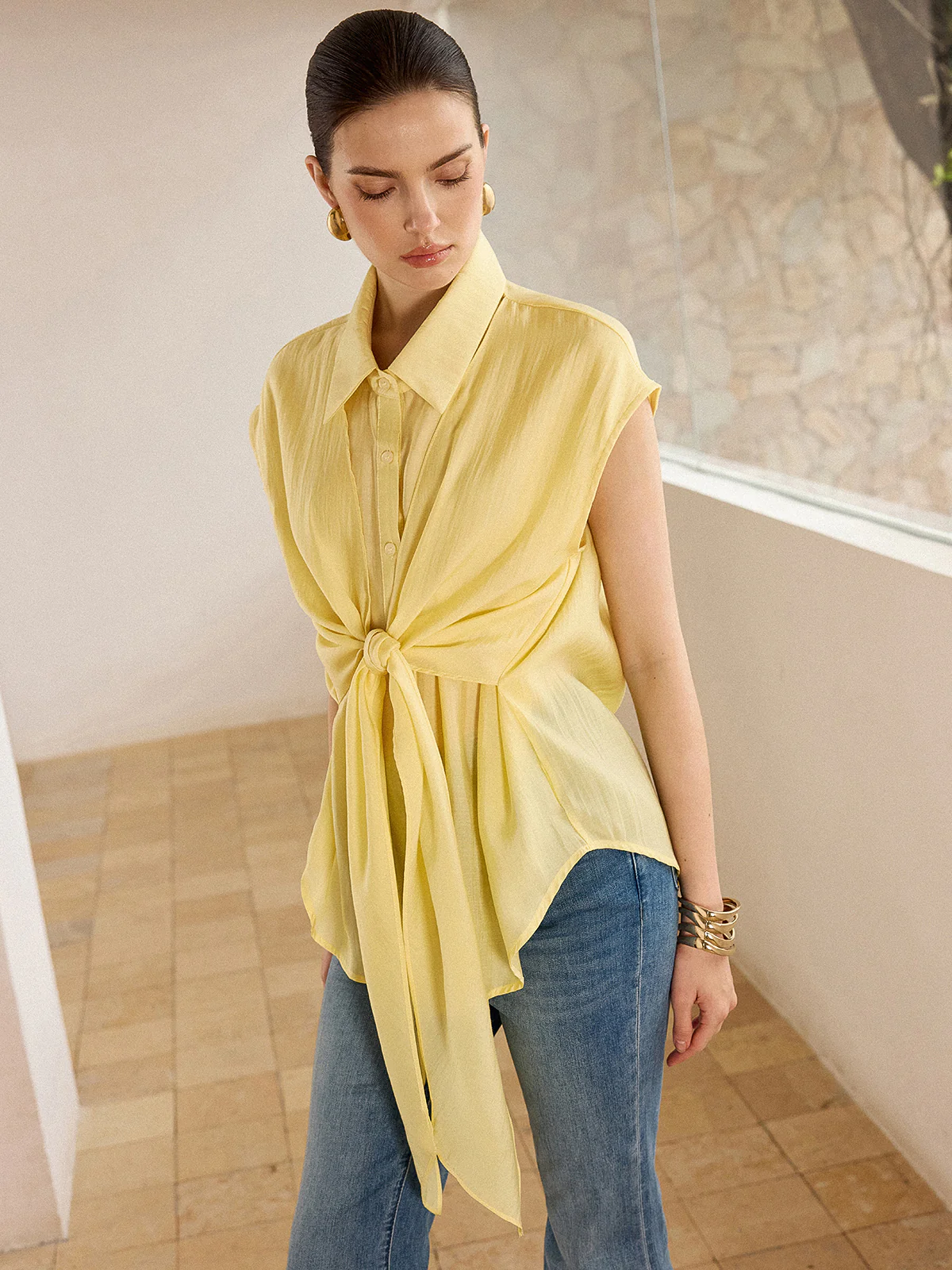 Sleeveless Tie-Front Blouse - Wholesalesil