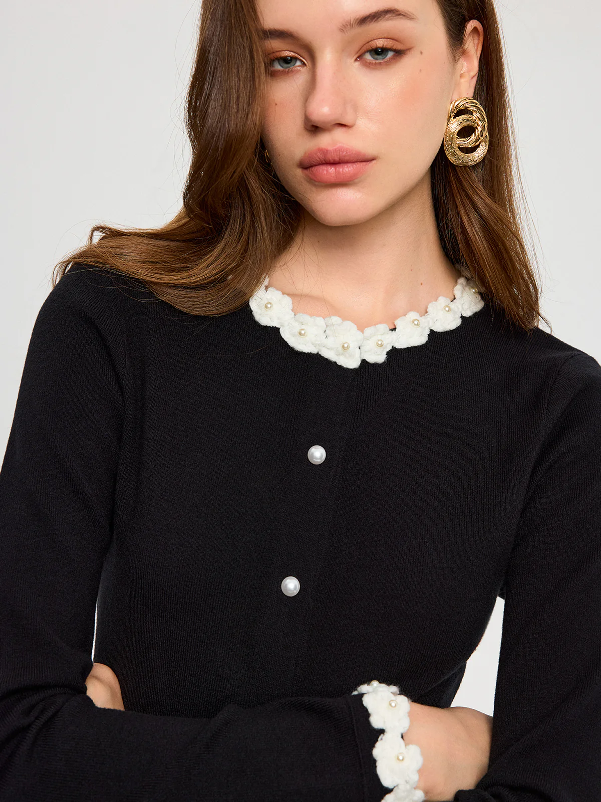 3D Floral Trim Pearl Button Cardigan - Wholesalesil