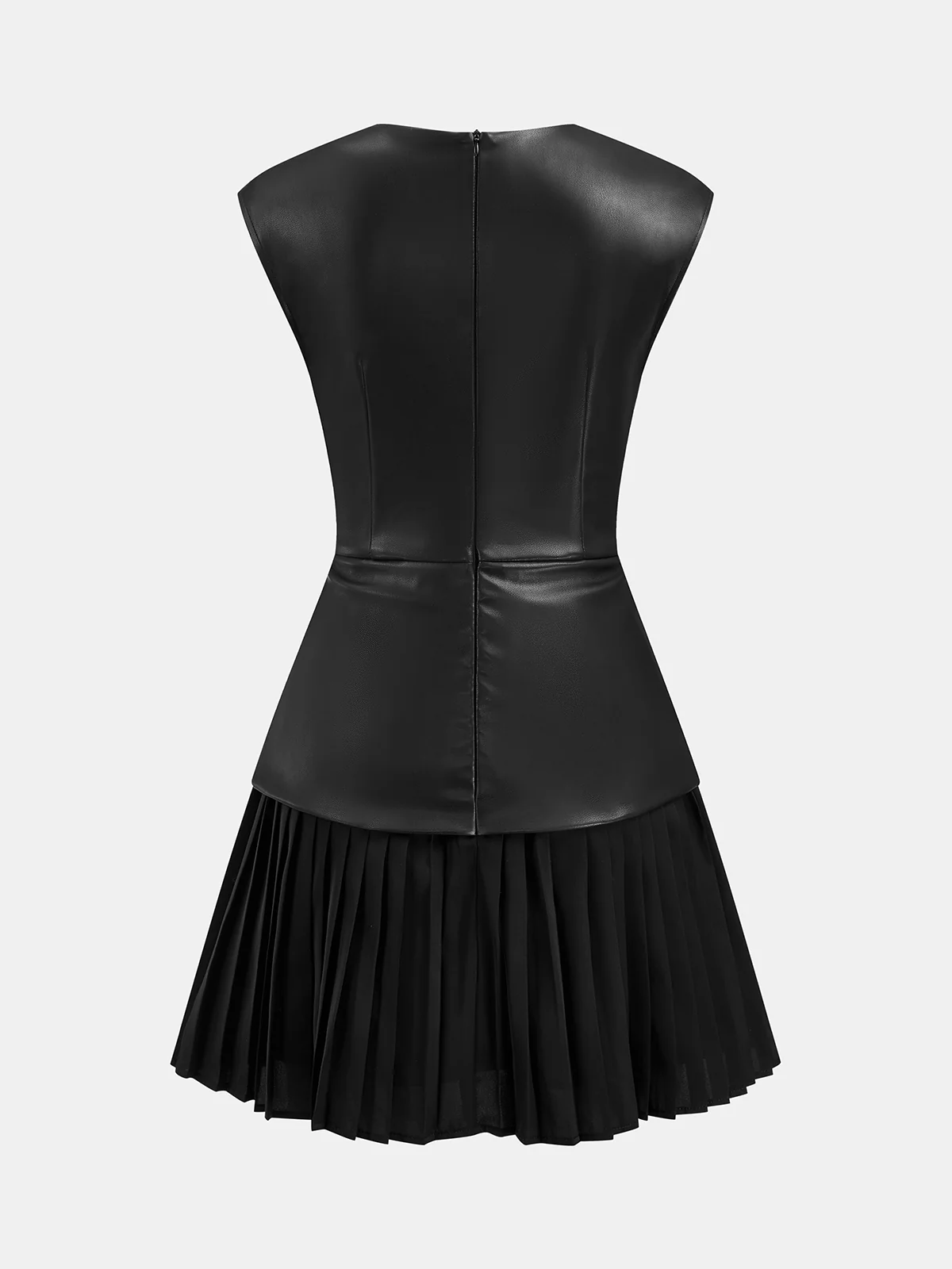 Pleated Panel Sleeveless PU Leather Dress - Wholesalesil