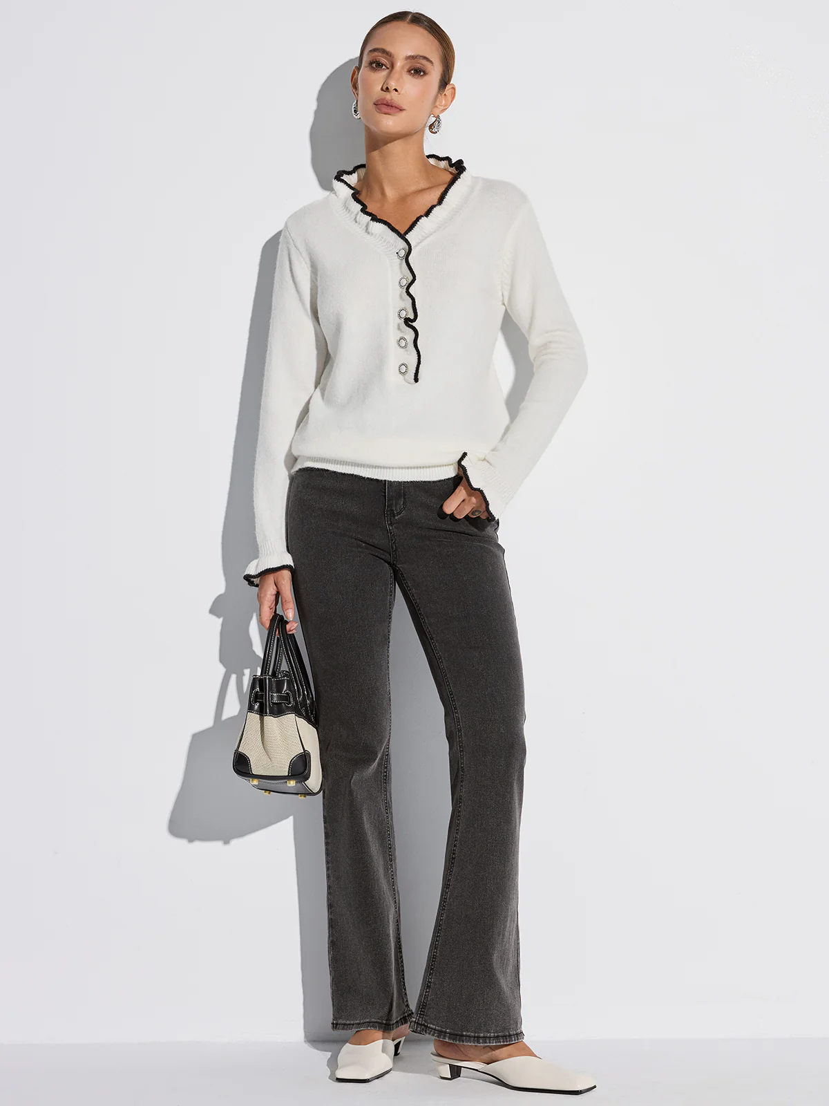 Contrast Ruffle Trim Button Sweater - Wholesalesil