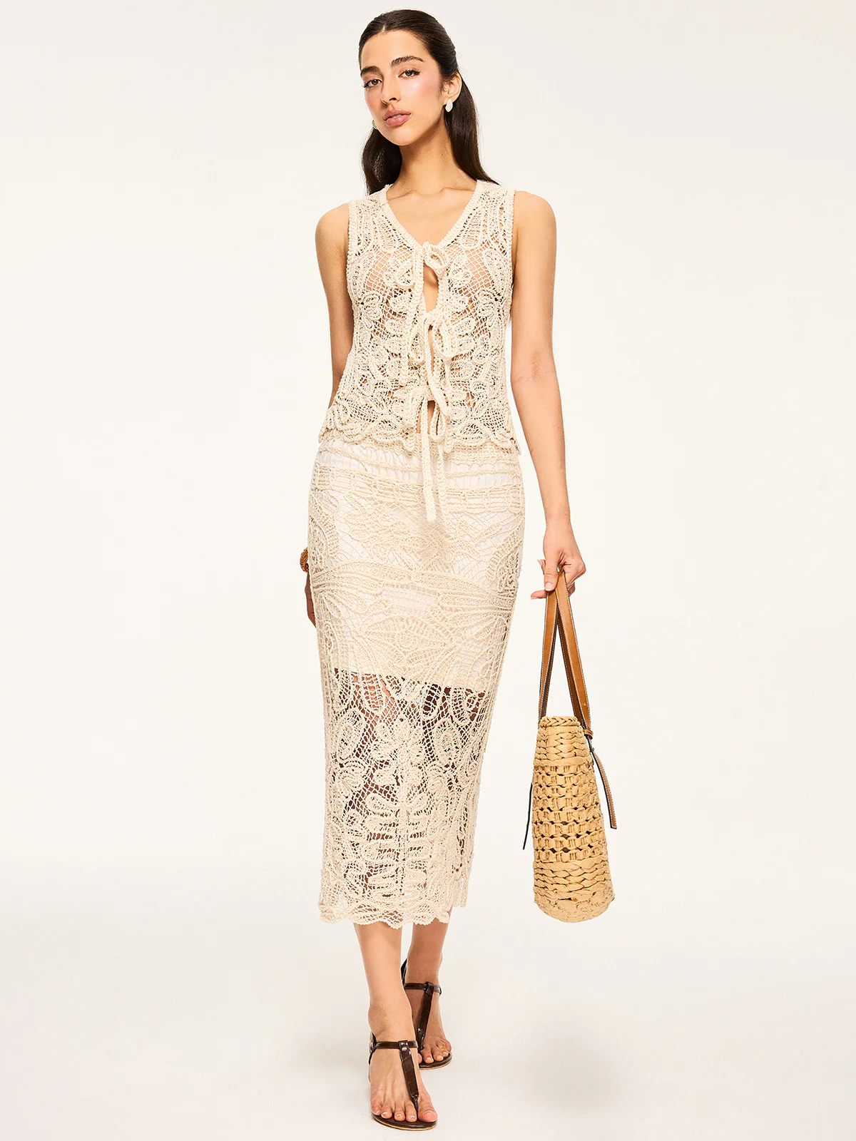 Sheer Crochet Tie-Front Cardigan - Wholesalesil