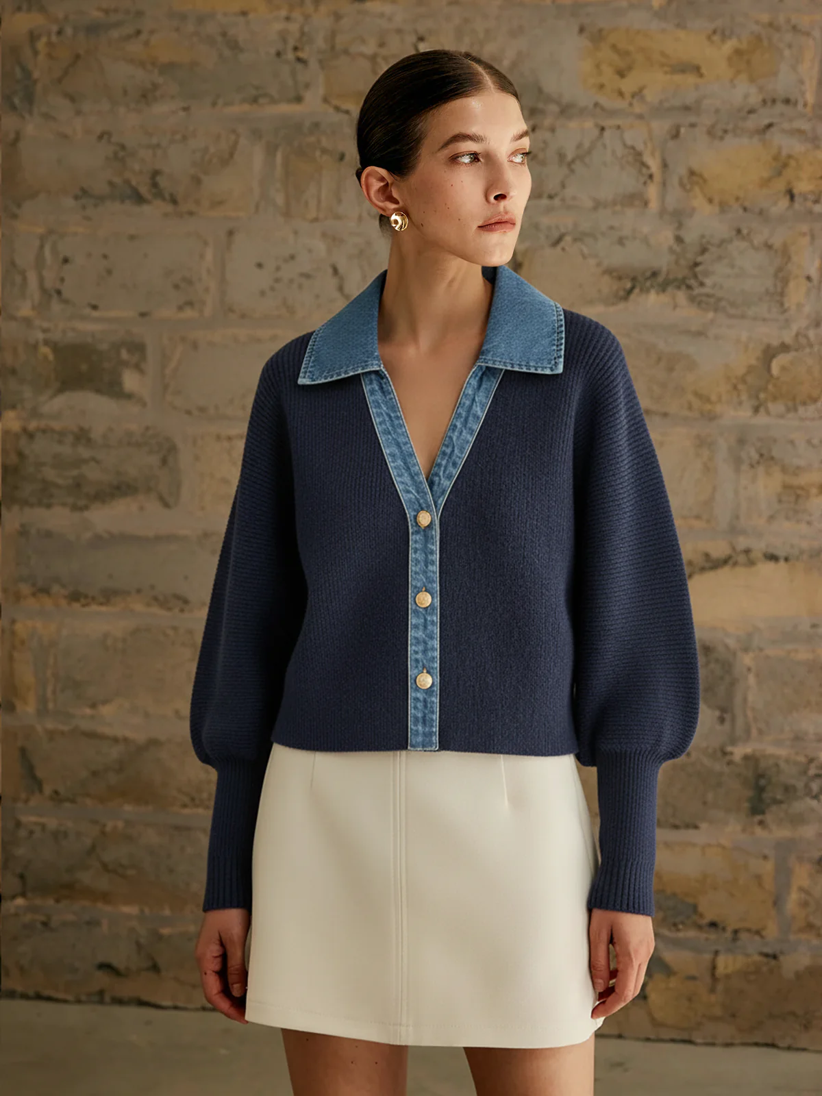 Leg-Of-Mutton Sleeve Denim Panel Knit Cardigan - Wholesalesil