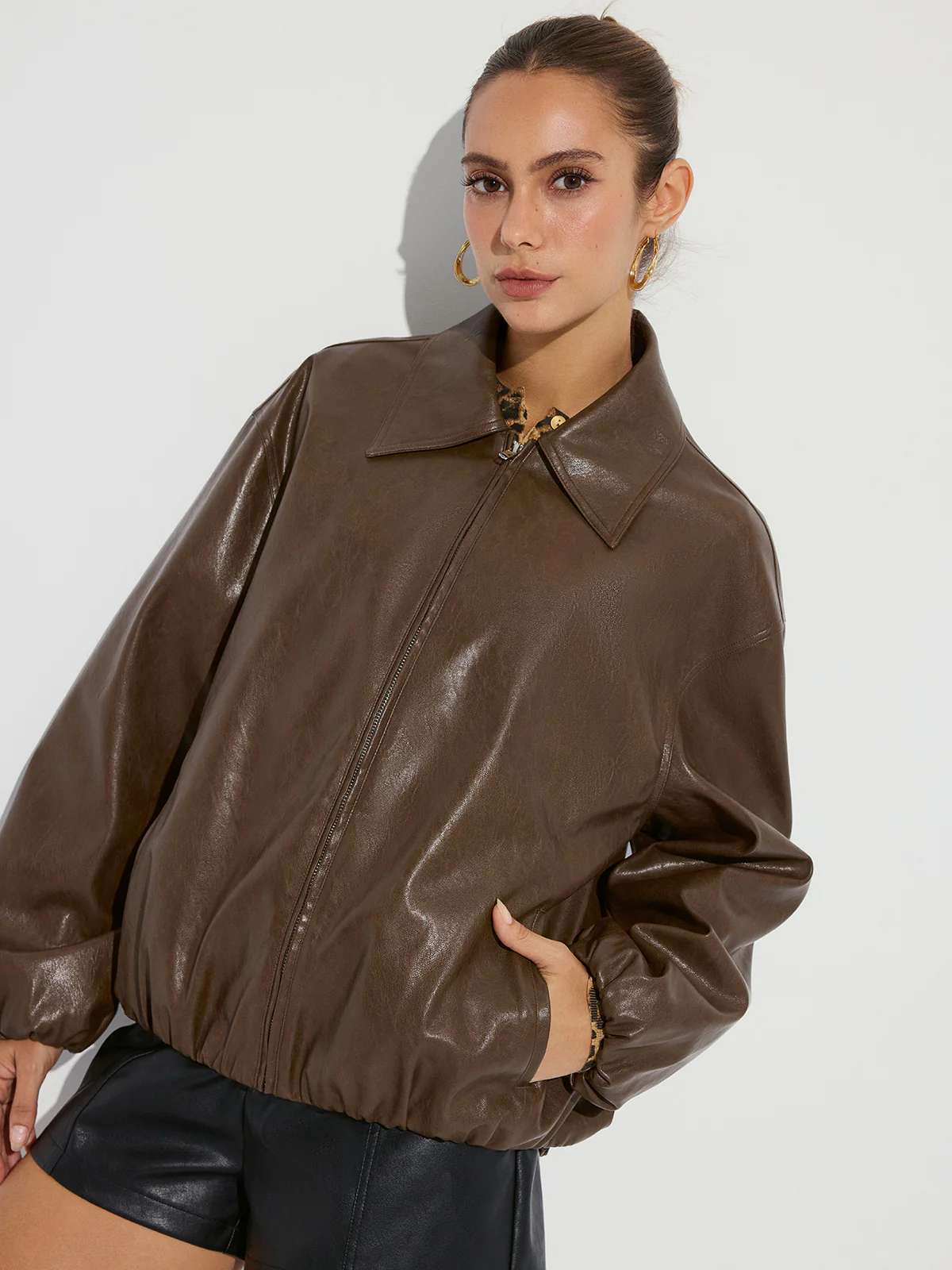 Zip-Front Collared PU Leather Jacket - Wholesalesil