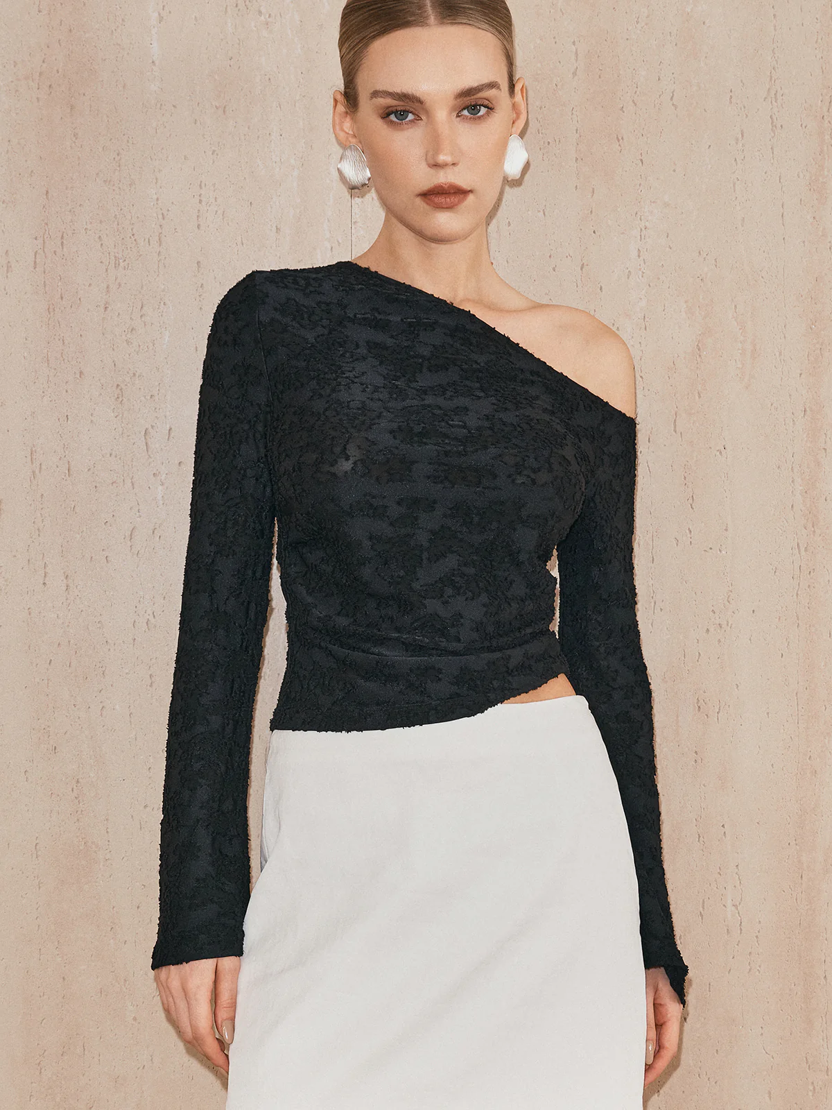 One-Shoulder Textured Jacquard Semi-Sheer Top - Wholesalesil