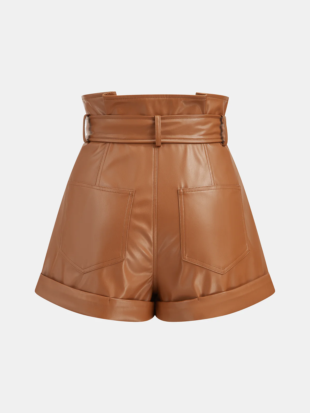 High-Waist PU Leather Cuffed Shorts with Belt - Wholesalesil
