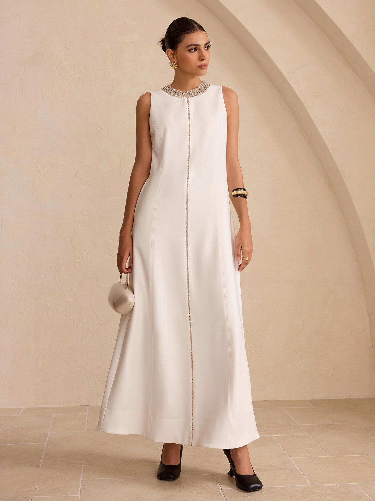 Hand-Beaded Neckline Pocket Maxi Dress - Wholesalesil