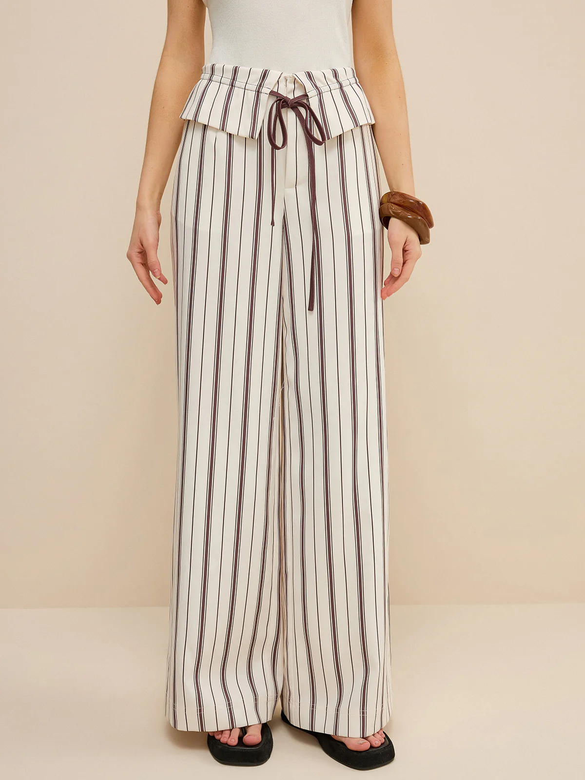 Striped Wide-Leg Pants with Peplum Waist - Wholesalesil